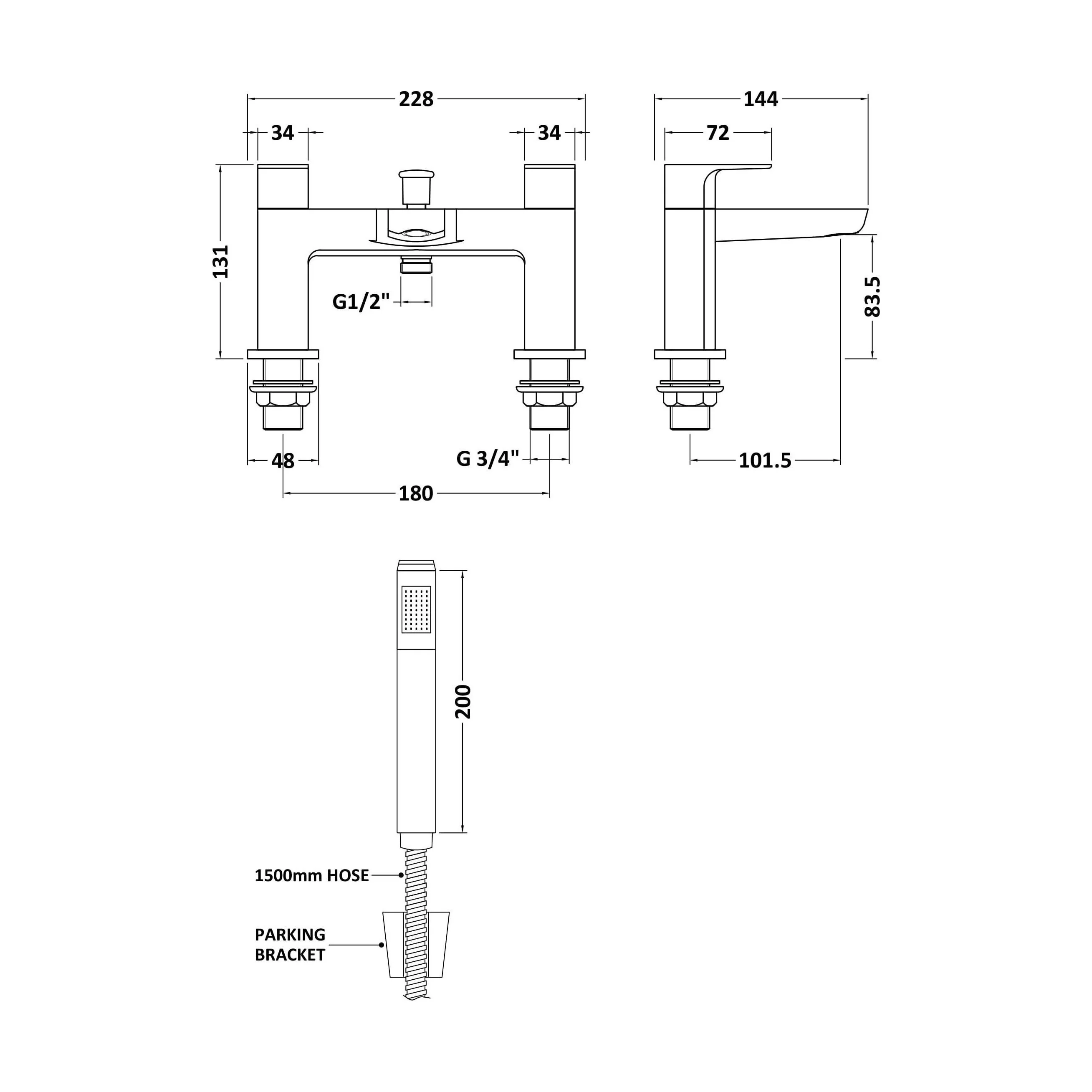 Balterley Contemporary Square Dual Lever Deck Mounted Bath Shower Mixer Tap with 1/4 Turn Ceramic Disc, 136 × 230 × 147mm, Chrome - Image 2