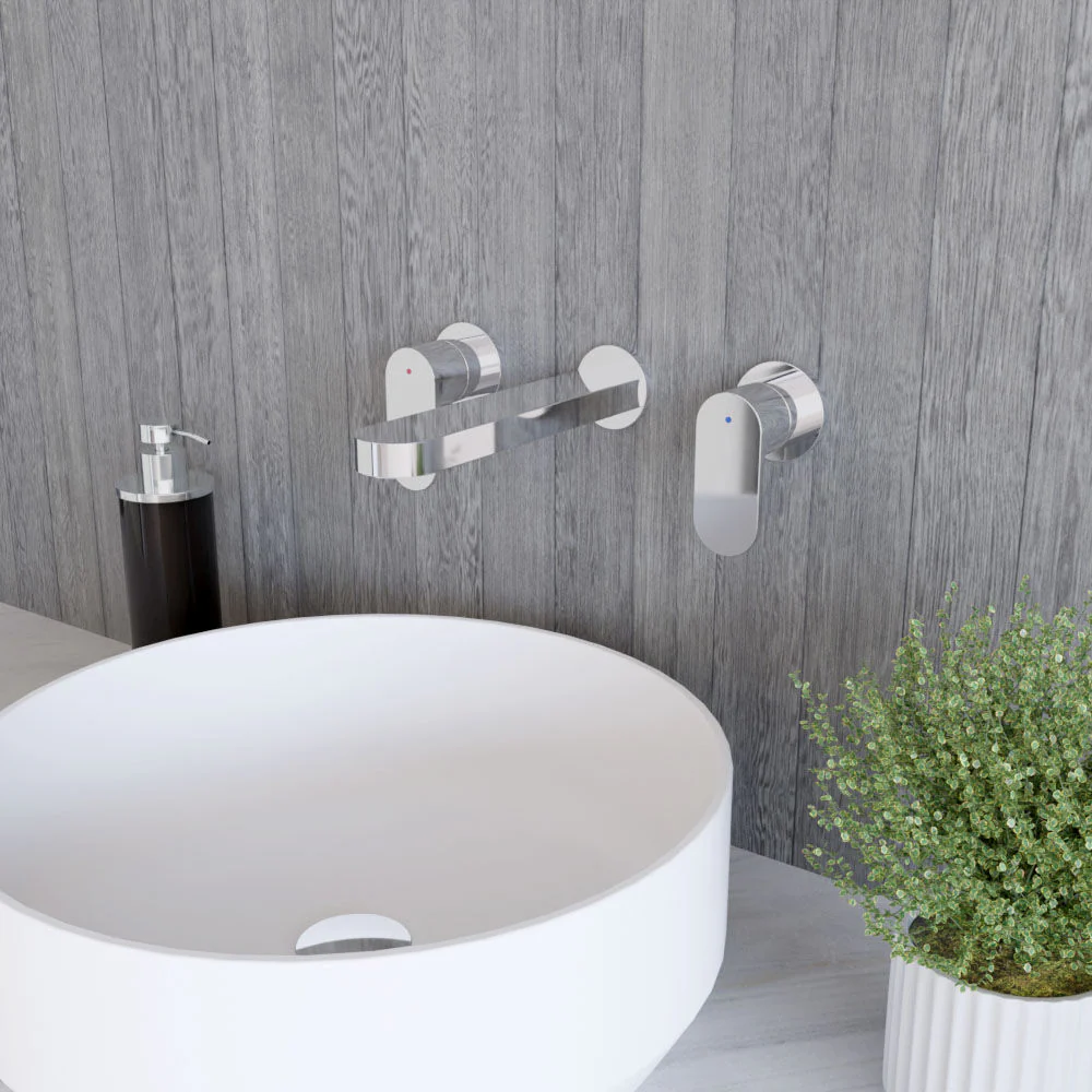 Balterley Current Modern Round Wall Mount 3 Tap Hole Basin Mixer Tap with Lever Handles and Spout - Chrome Finish - Image 4