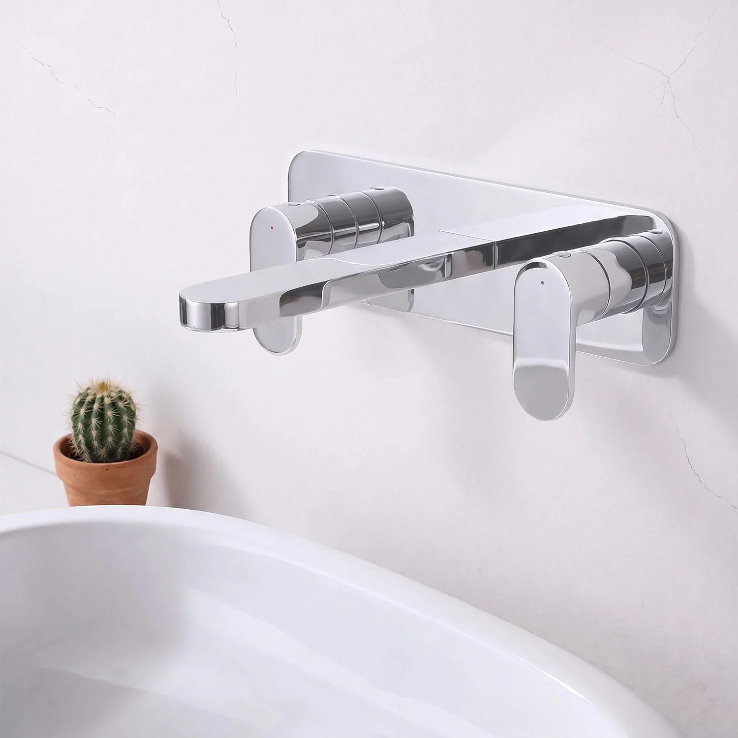 Balterley Current Modern Round Wall Mount 3 Tap Hole Basin Mixer Tap with Dual Lever Handles & Back Plate - Chrome Finish