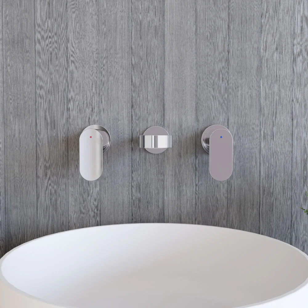 Balterley Current Modern Round Wall Mount 3 Tap Hole Basin Mixer Tap with Dual Lever Handles & Back Plate - Chrome Finish - Image 2