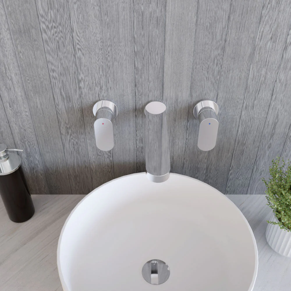 Balterley Current Modern Round Wall Mount 3 Tap Hole Basin Mixer Tap with Dual Lever Handles & Back Plate - Chrome Finish - Image 3