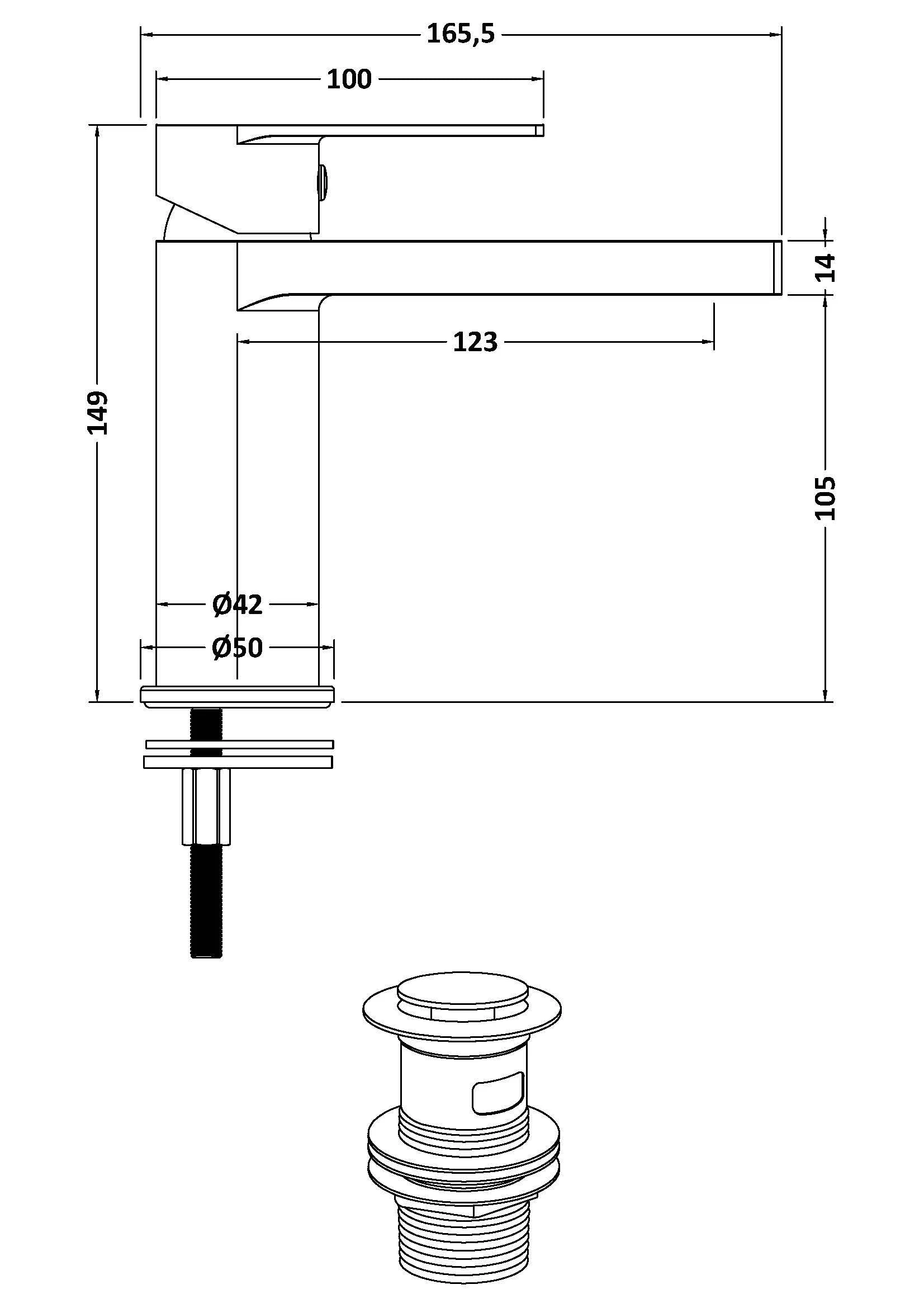Ranton Contemporary Mono Basin Mixer Tap and Push Button Waste, Choice of Colour - Image 9
