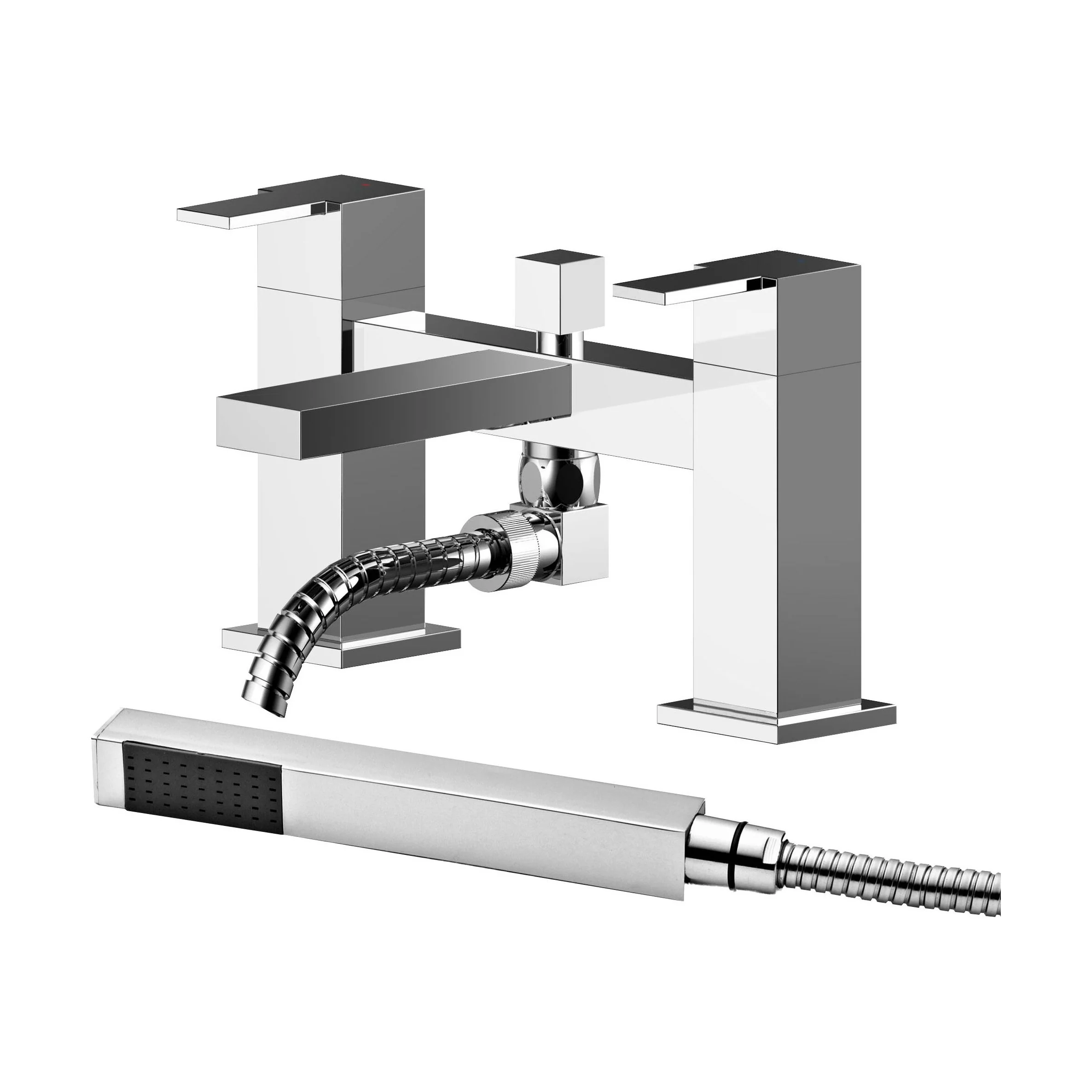 Square Deck Mount Bath Shower Mixer Tap with Shower Kit - Chrome