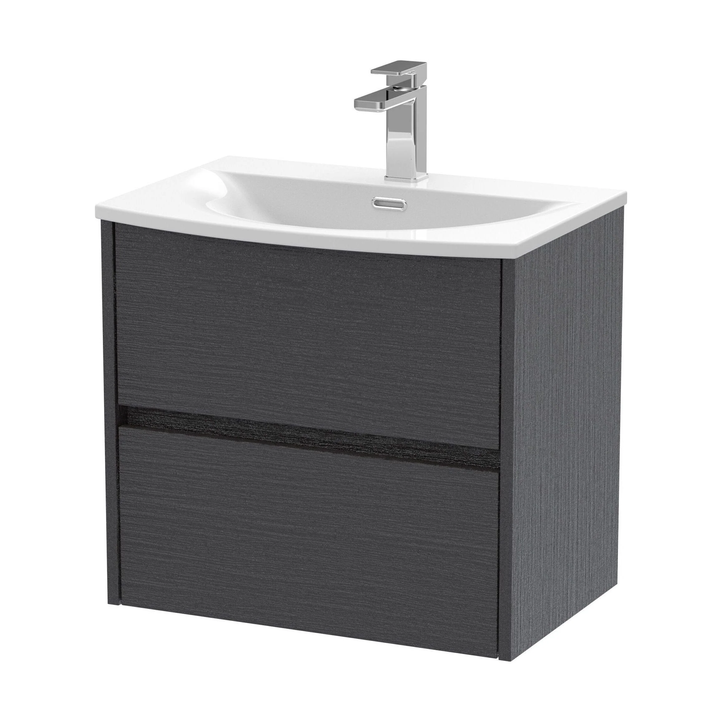Chartley Contemporary 2 Drawer Wall Hung Vanity Unit with Curved Basin, Graphite Grey Woodgrain, 600mm