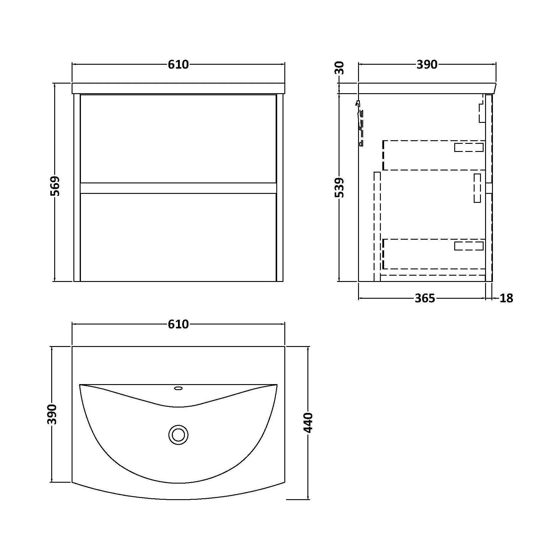 Chartley Contemporary 2 Drawer Wall Hung Vanity Unit with Curved Basin, Graphite Grey Woodgrain, 600mm - Image 2