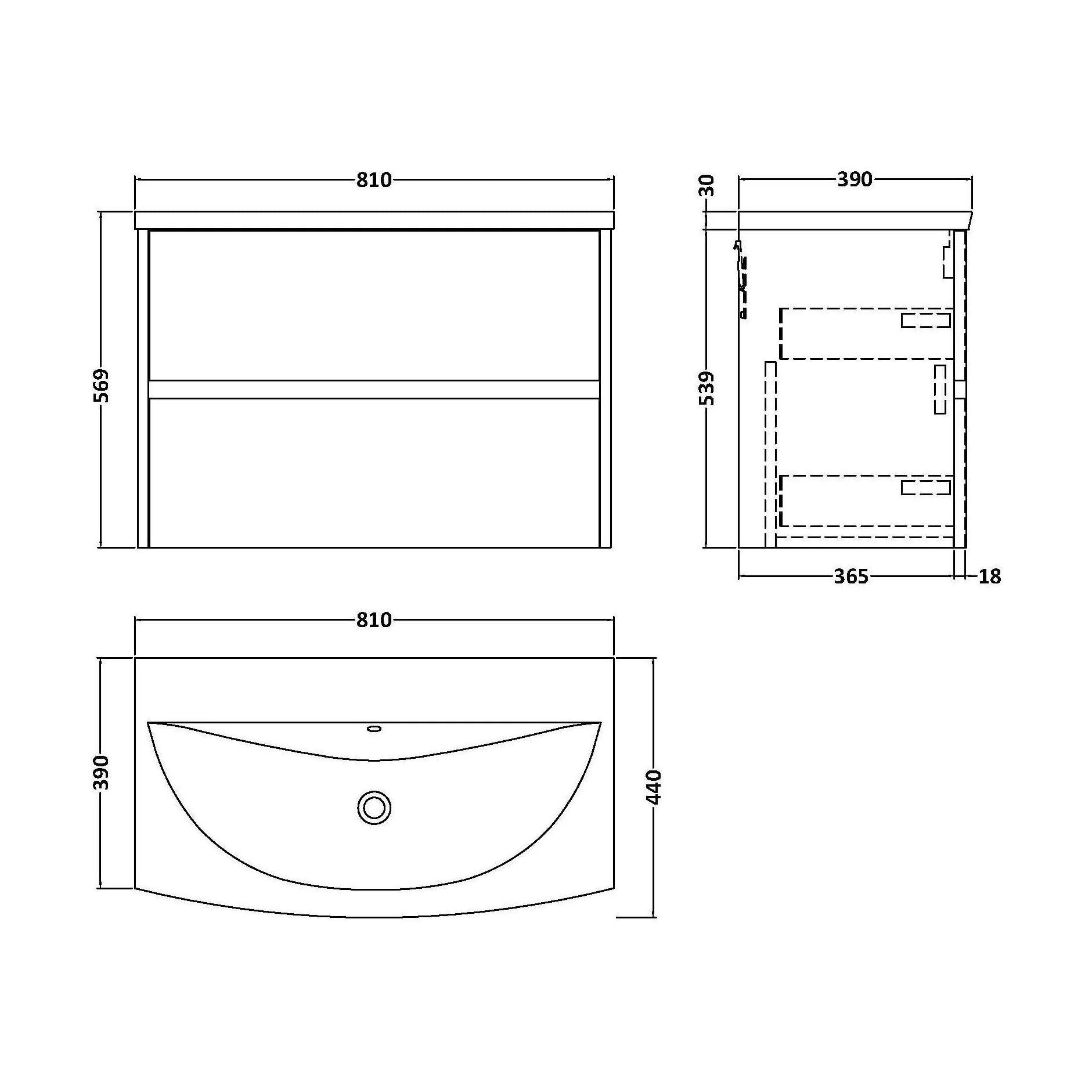 Chartley Contemporary 2 Drawer Wall Hung Vanity Unit with Curved Basin, Graphite Grey Woodgrain, 800mm - Image 2