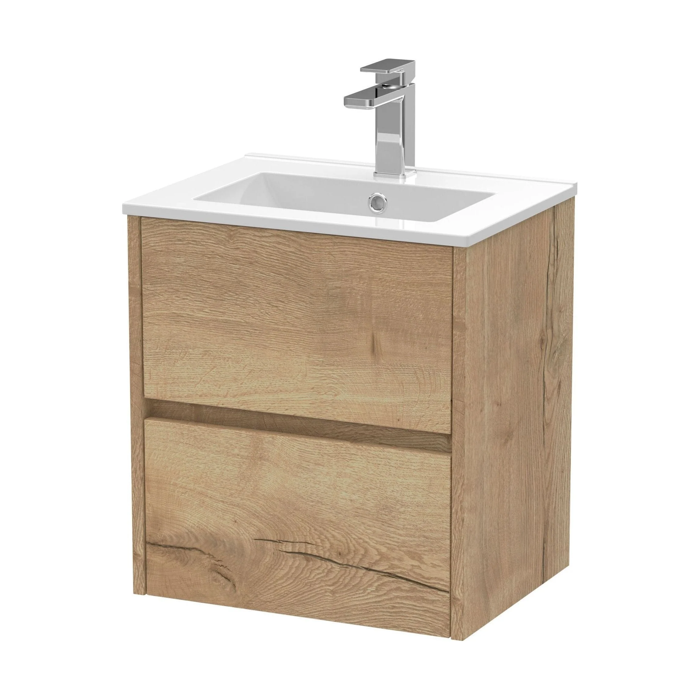 Chartley Contemporary 2 Drawer Wall Hung Vanity Unit with Minimalist Basin, Autumn Oak, 500mm - Image 2