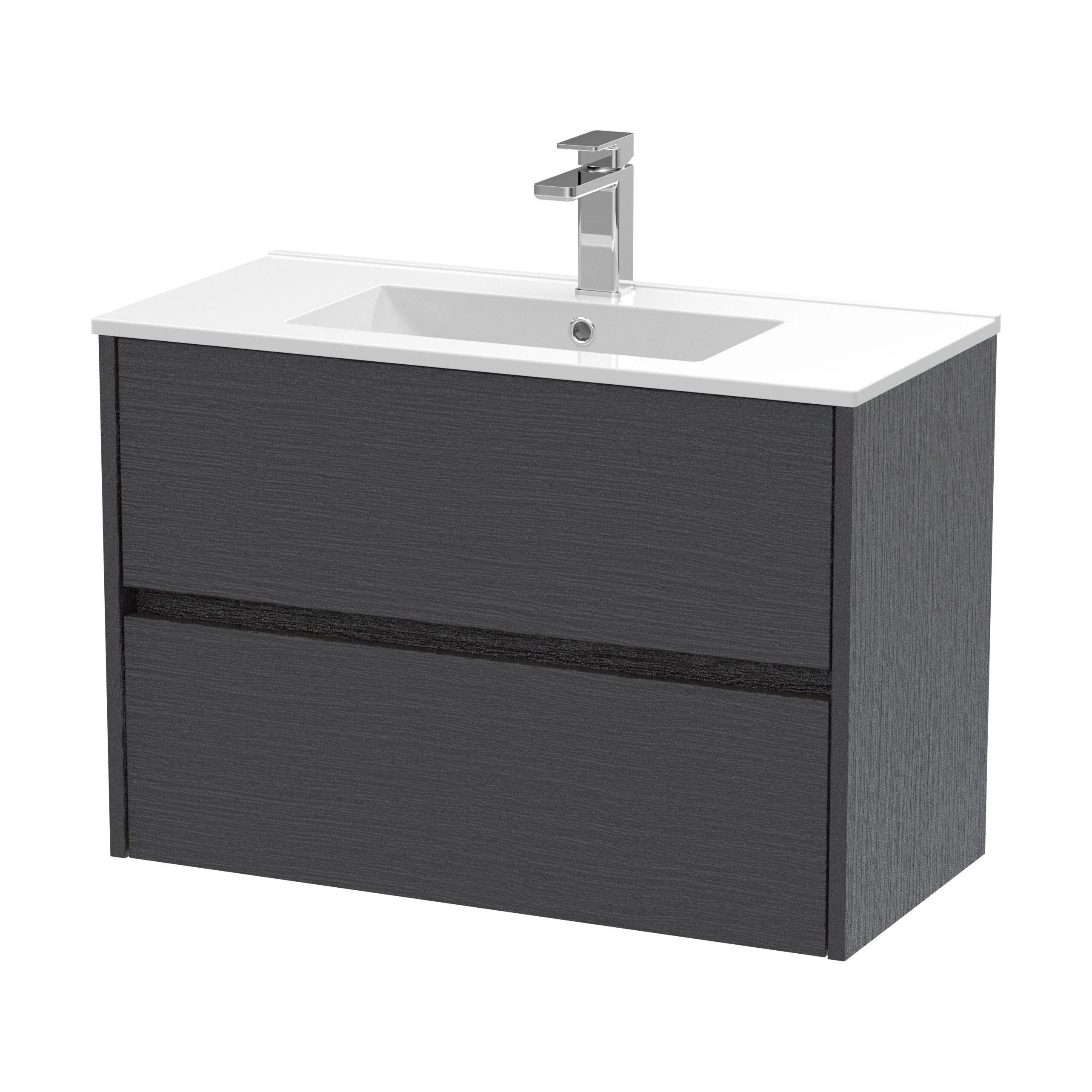Chartley Contemporary 2 Drawer Wall Hung Vanity Unit with Minimalist Basin, Graphite Grey Woodgrain, 800mm