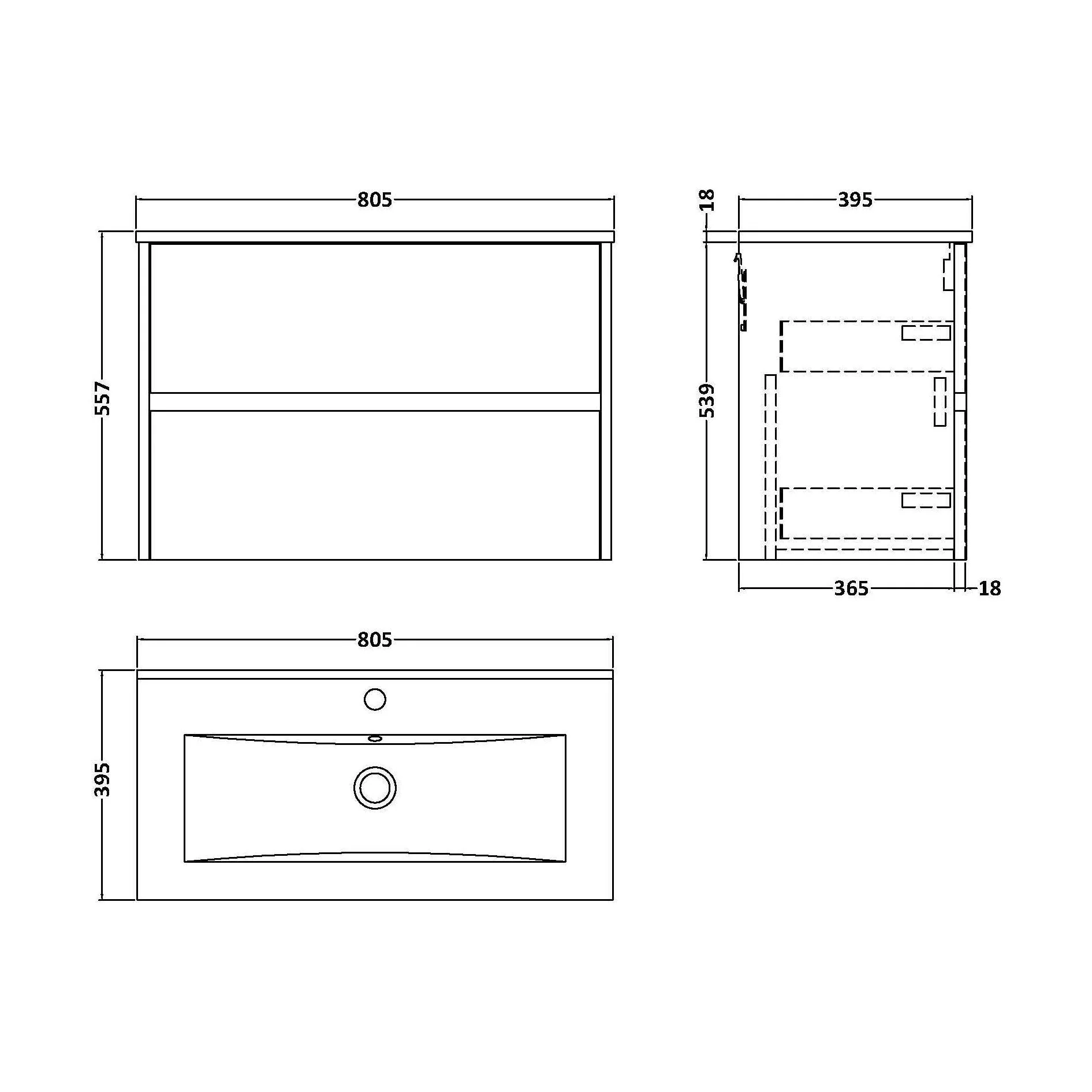Chartley Contemporary 2 Drawer Wall Hung Vanity Unit with Minimalist Basin, Graphite Grey Woodgrain, 800mm - Image 2