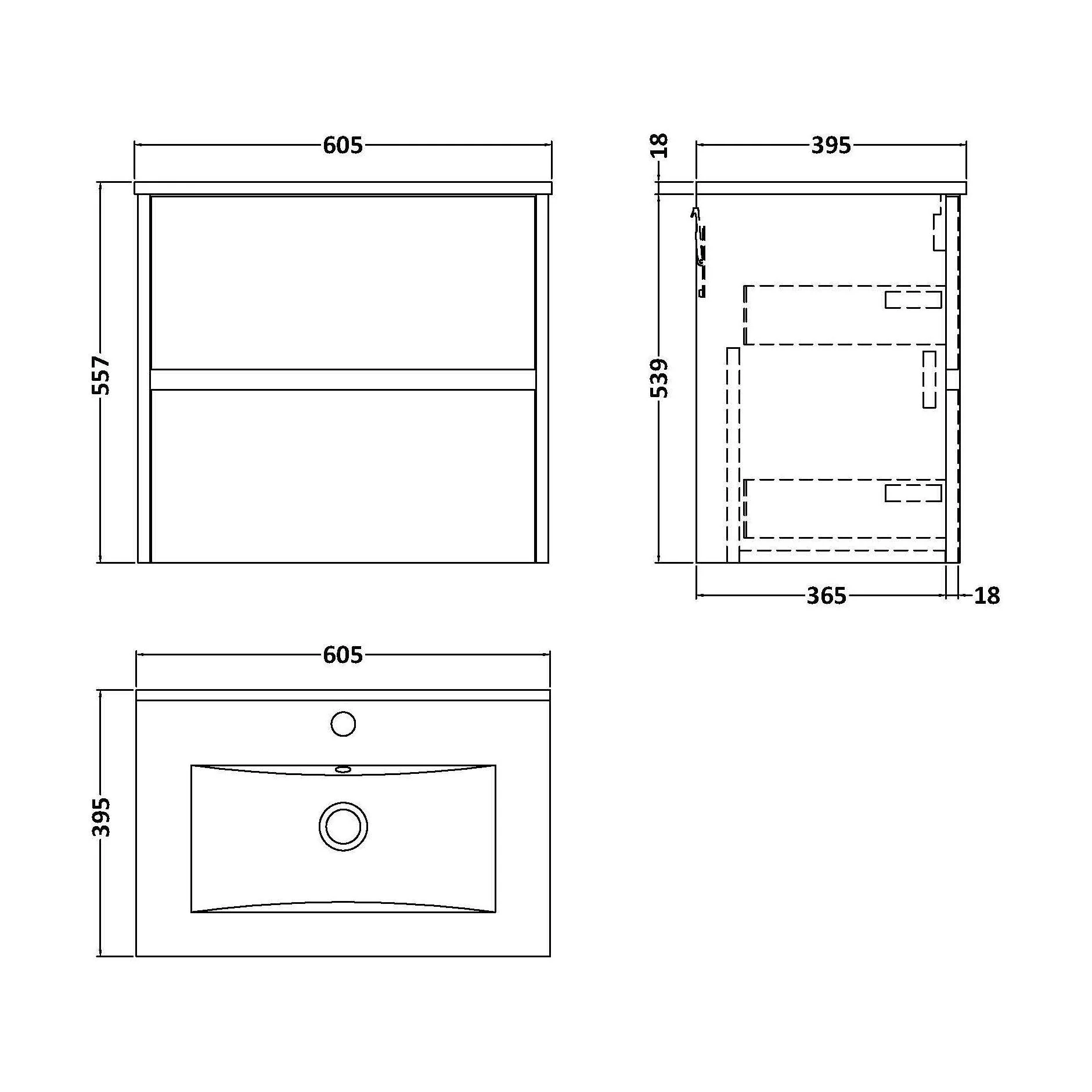 Chartley Contemporary 2 Drawer Wall Hung Vanity Unit with Minimalist Basin, Metallic Slate, 600mm - Image 2