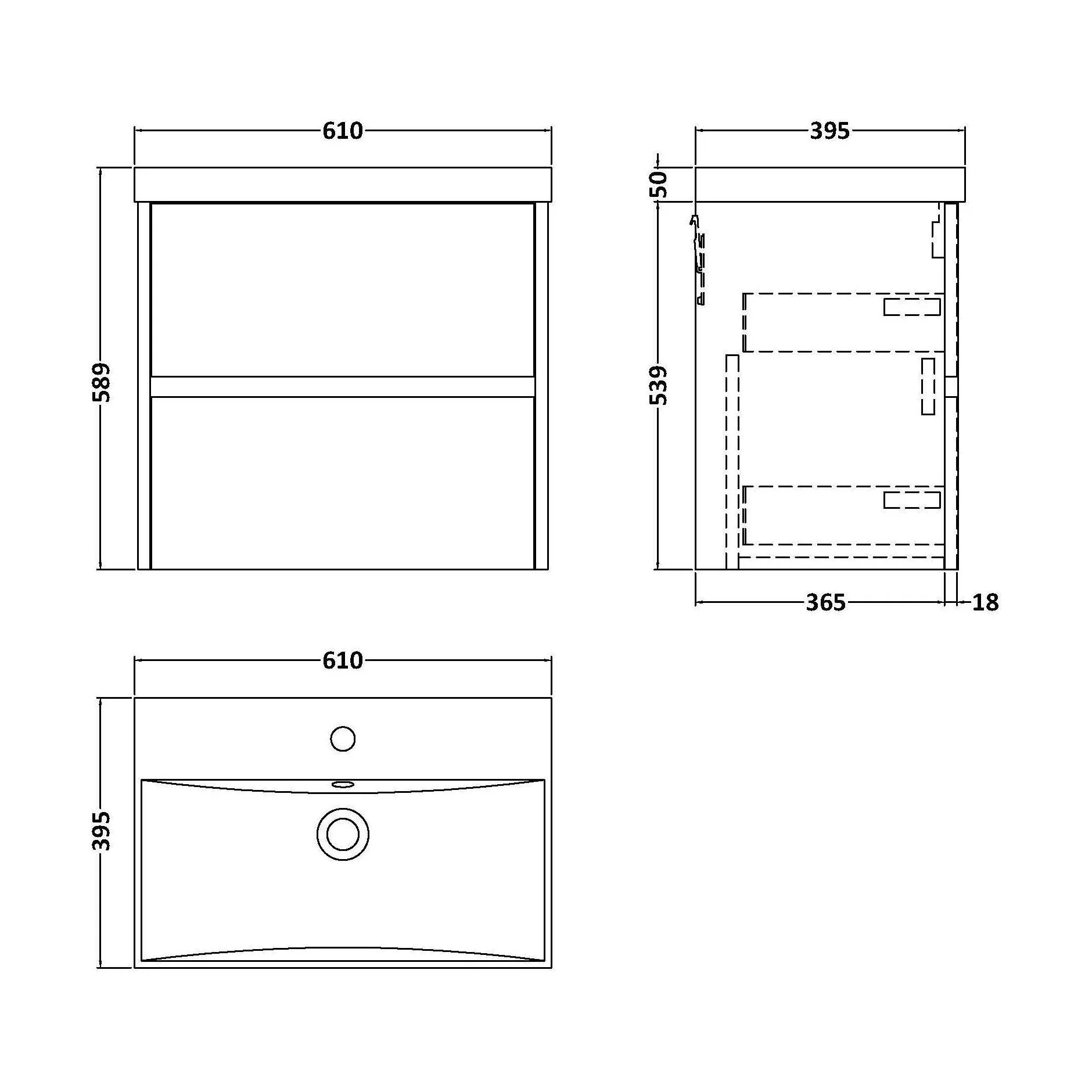 Chartley Contemporary 2 Drawer Wall Hung Vanity Unit with Thin Edge Basin, Coastal Grey, 600mm - Image 2