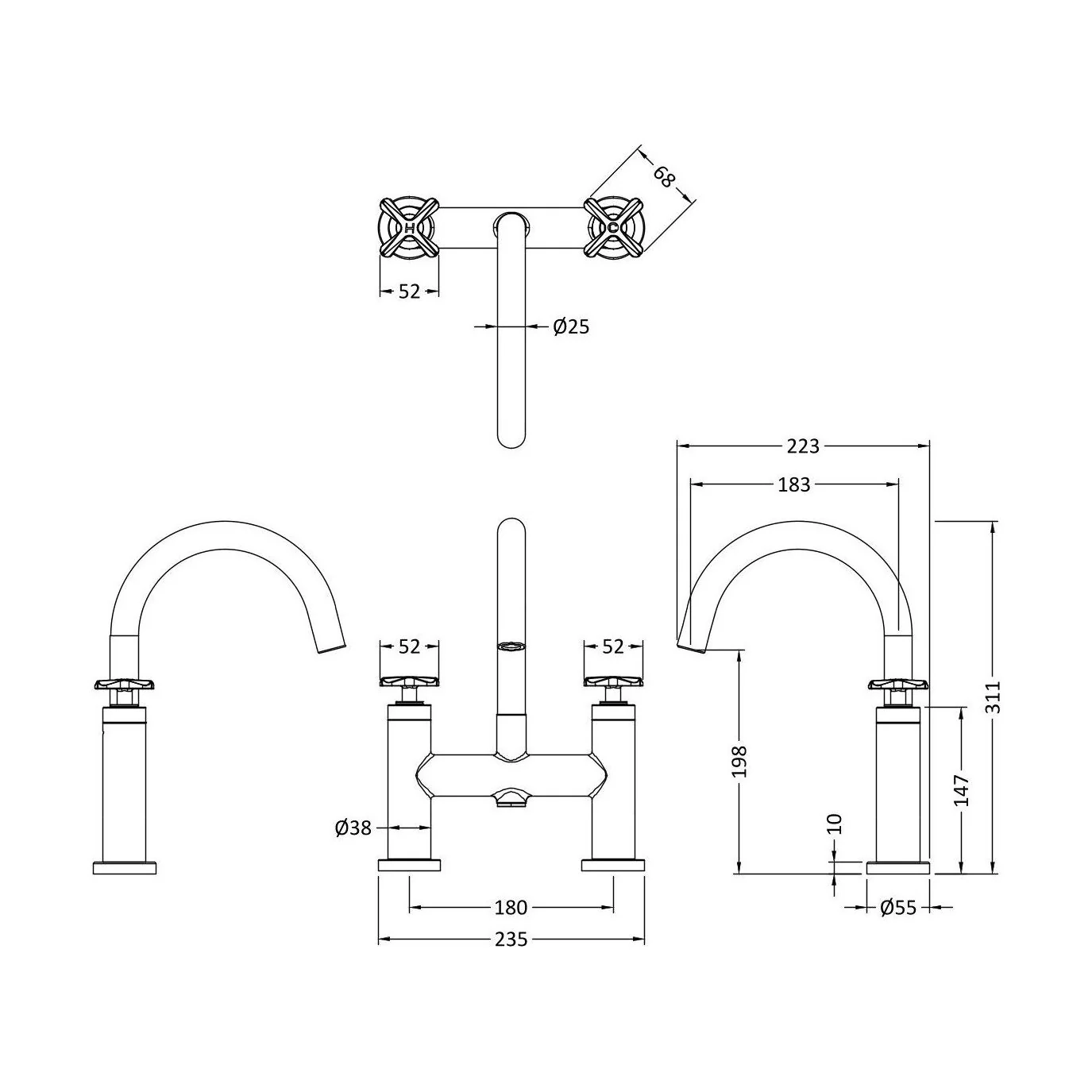 Levedale Deck Mounted Bath Filler Tap with Crosshead Handles - Choice of Finish - Image 5