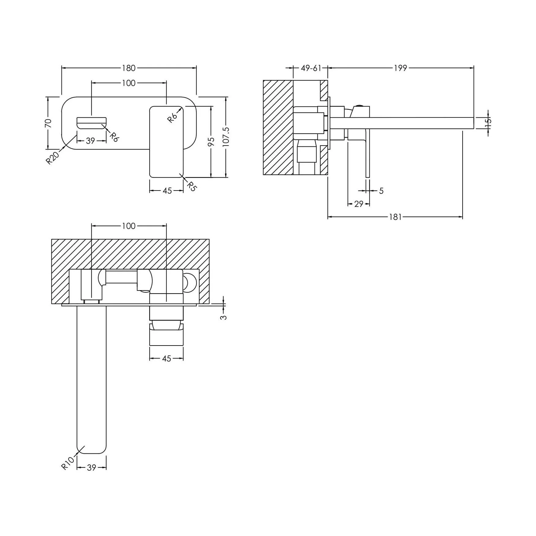 Swinscoe Contemporary Square Wall Mounted 2 Tap Hole Basin Mixer Tap - Choice of Finish - Image 17