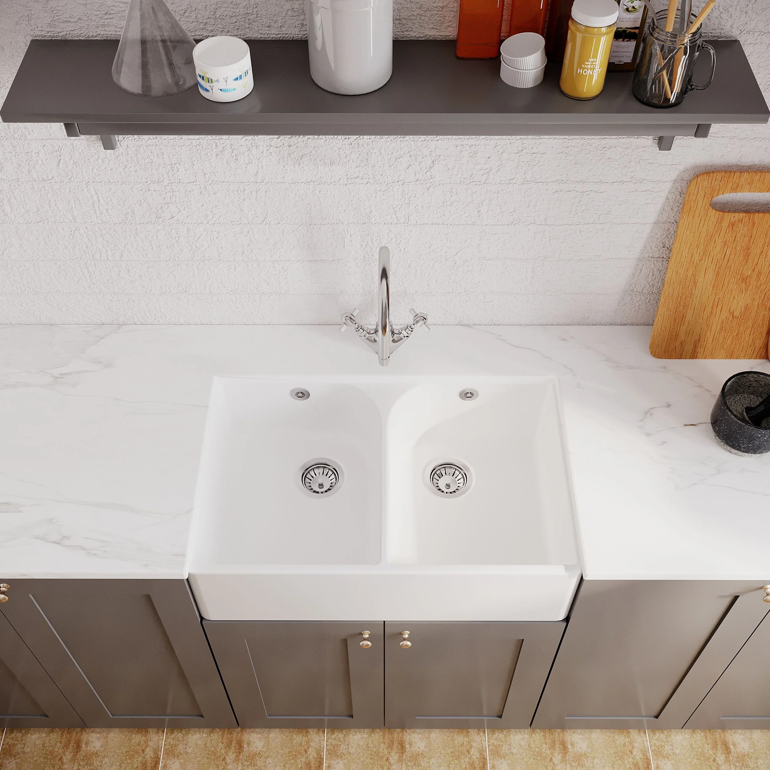 Double Bowl Butler Sink with Overflow - Choice of Tap and Waste - 795mm - Image 12