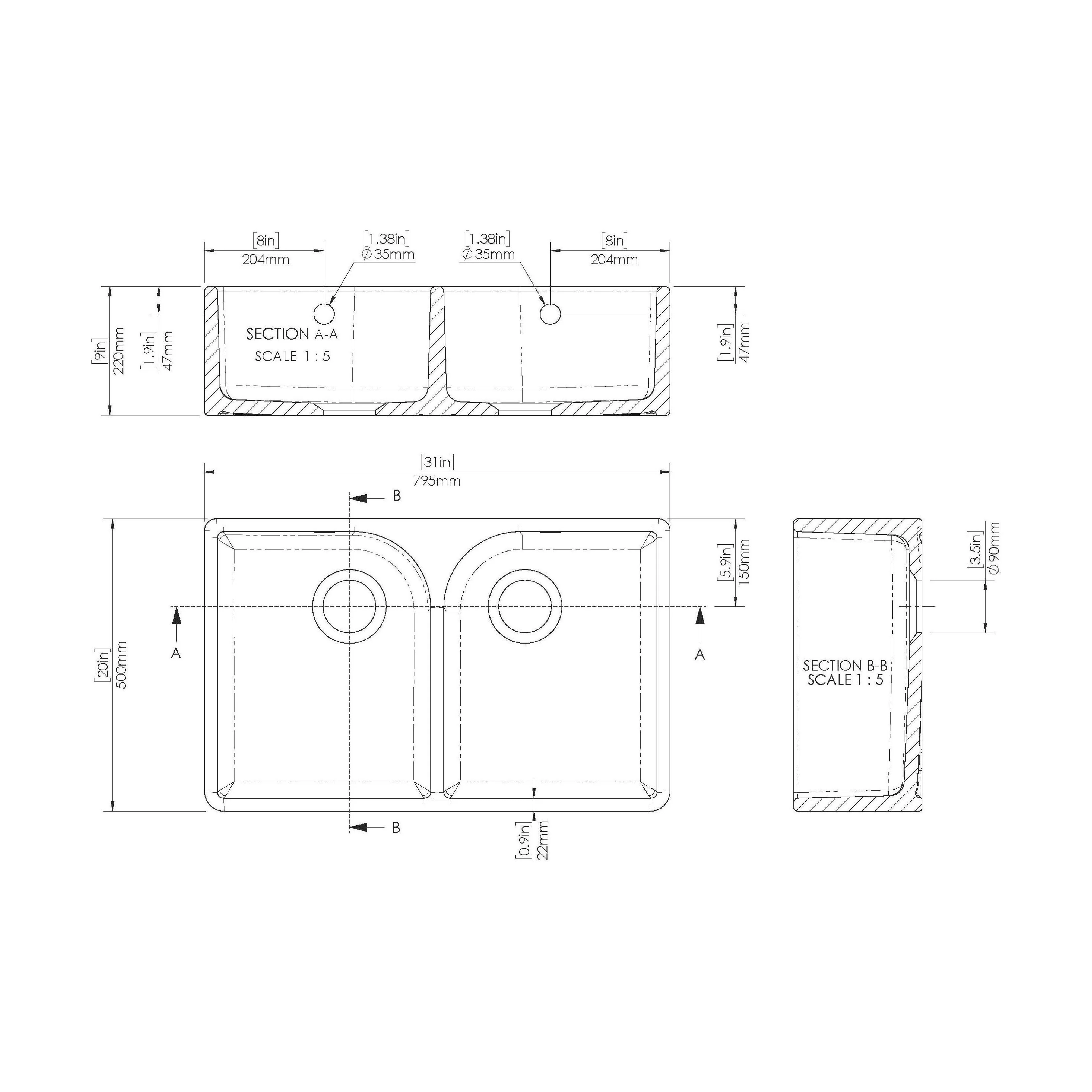 Double Bowl Butler Sink with Overflow - Choice of Tap and Waste - 795mm - Image 30