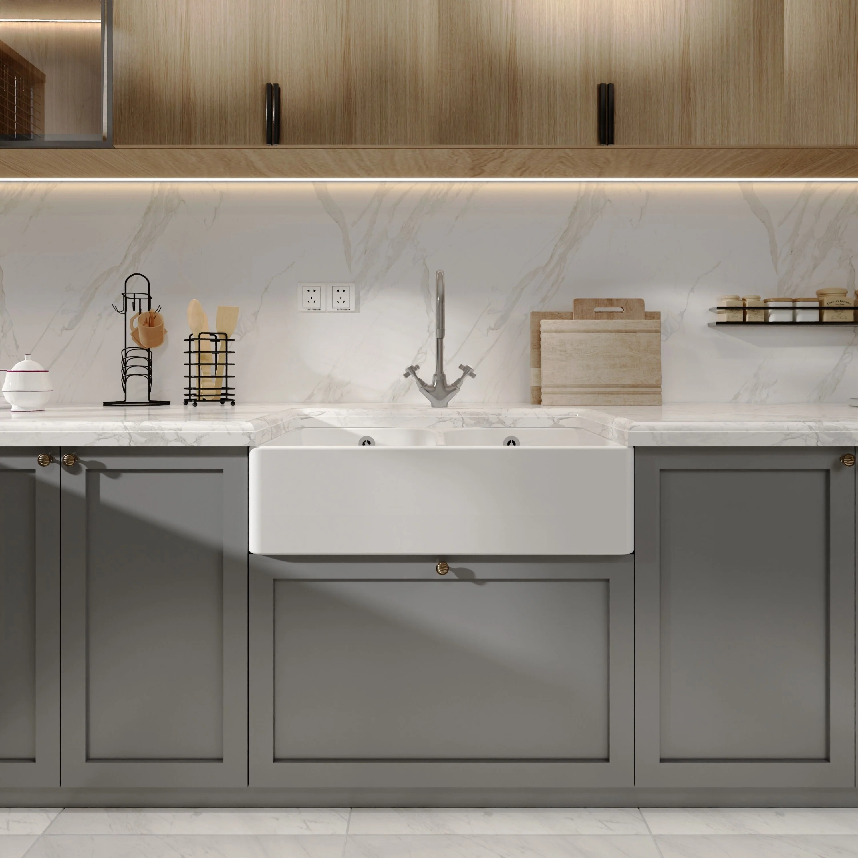 Double Bowl Butler Sink with Overflow - Choice of Tap and Waste - 795mm - Image 7