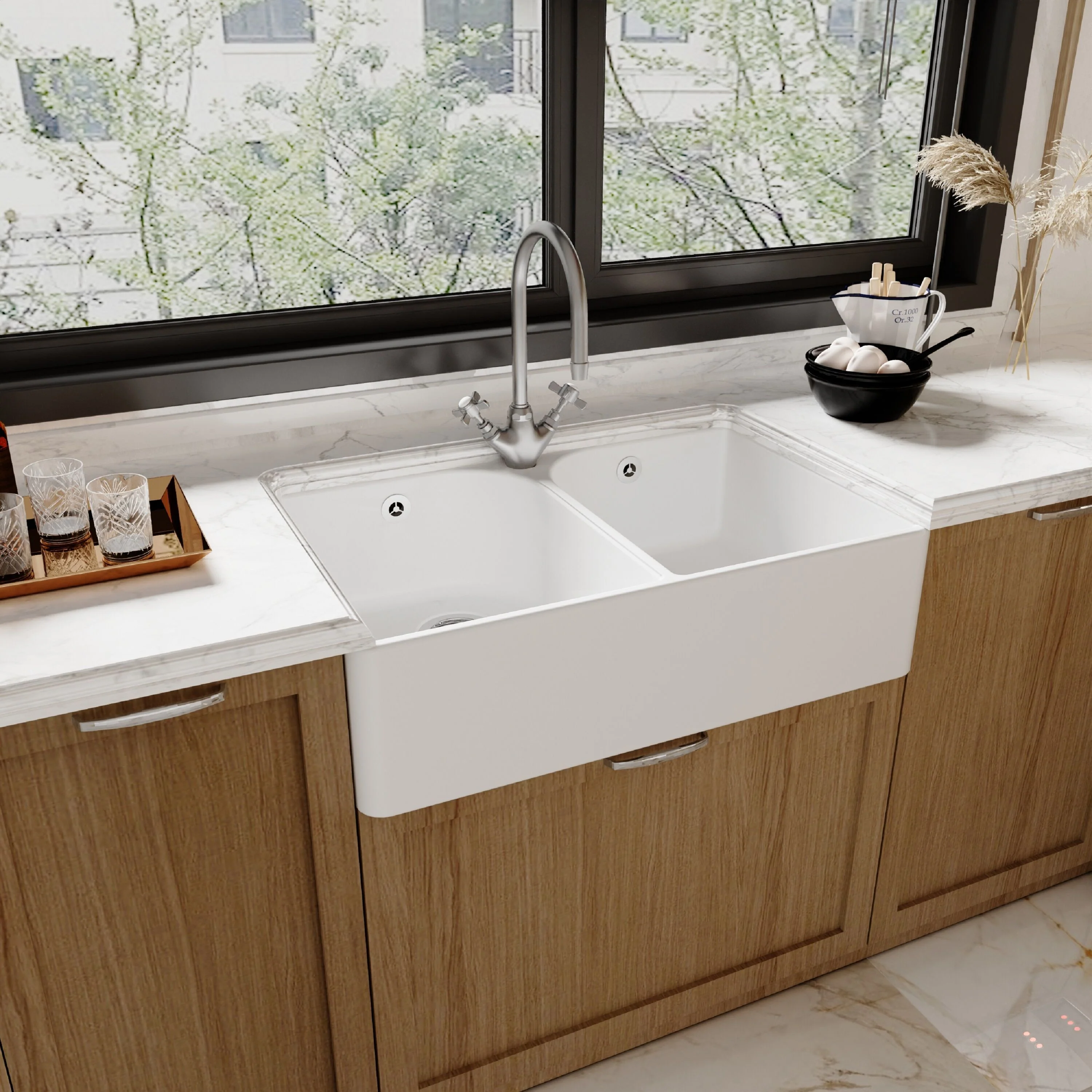 Traditional Double Bowl Fireclay Belfast Sink Bundle with Tap Hole & Full Wier, Basket Strainer Waste and Mono Mixer Tap - Image 4