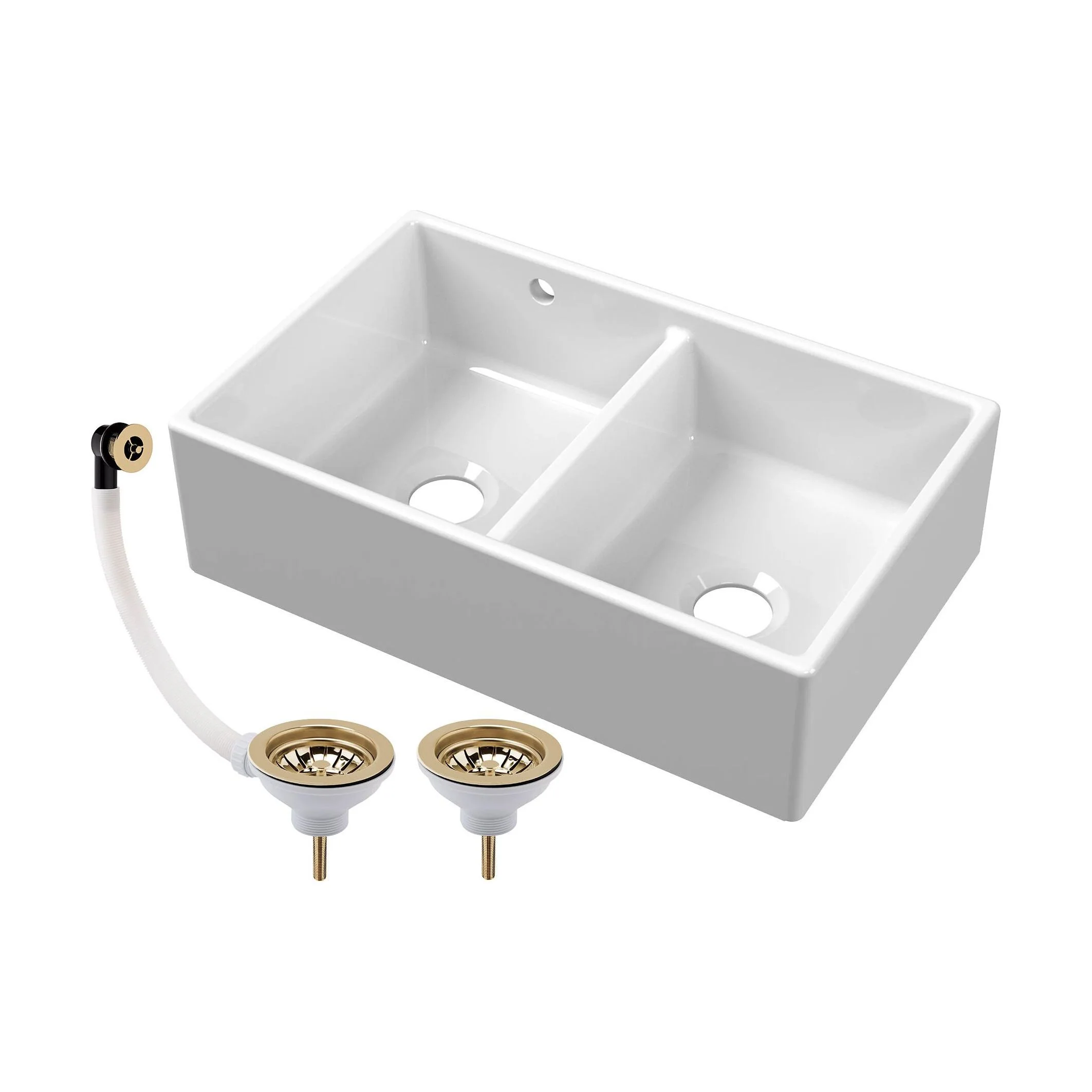 Double Bowl Fireclay Butler Kitchen Sink with Stepped Weir and Overflow - 795mm - Choice of Wastes - Image 2