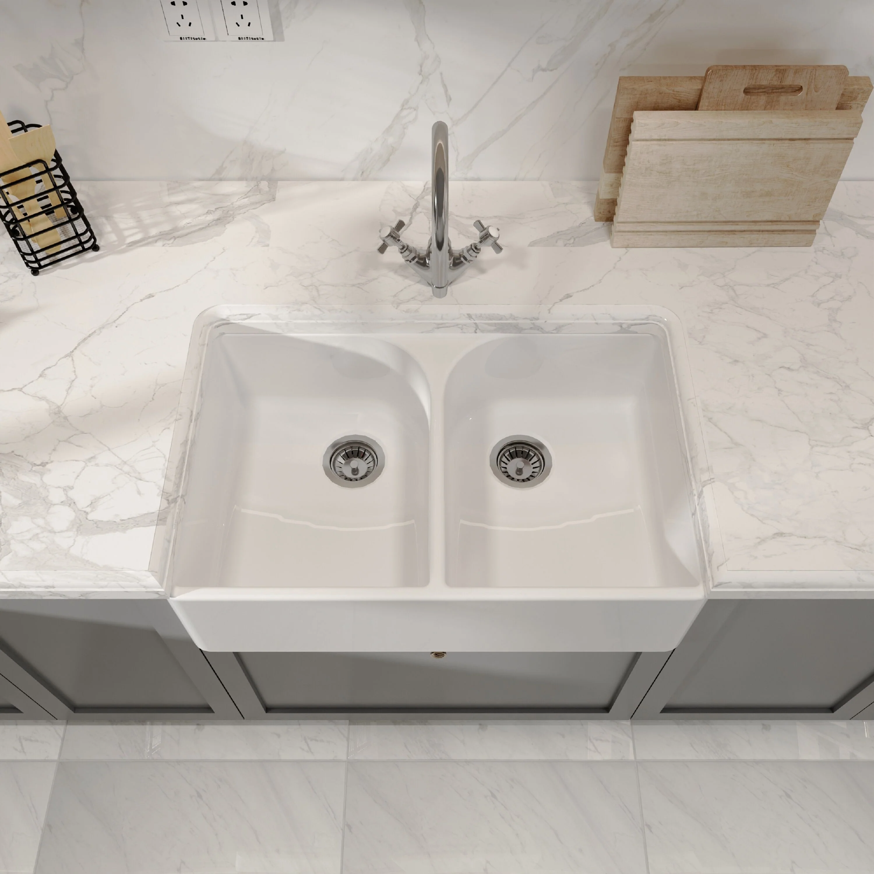 Traditional Double Bowl Fireclay Ceramic Butler Kitchen Sink with Full Weir and Chrome Basket Strainer Wastes - 795mm - Image 3
