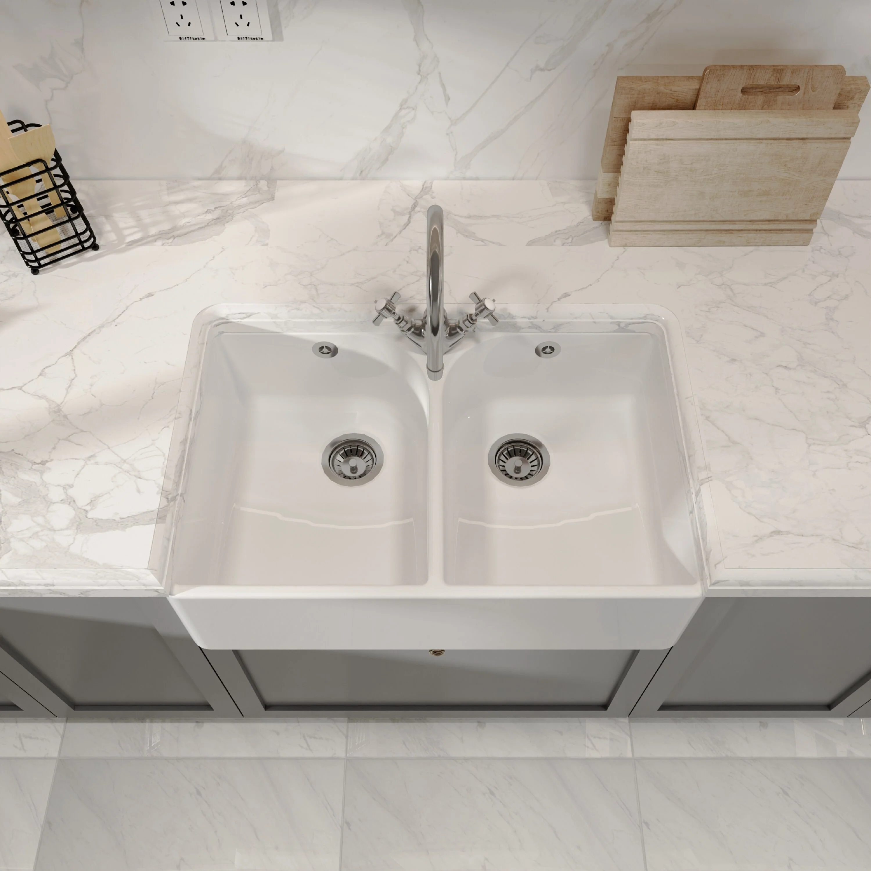 Double Bowl Fireclay Ceramic Butler Kitchen Sink with Full Weir, Tap Hole and Chrome Basket Strainer Wastes with Overflow - 795mm - Image 3