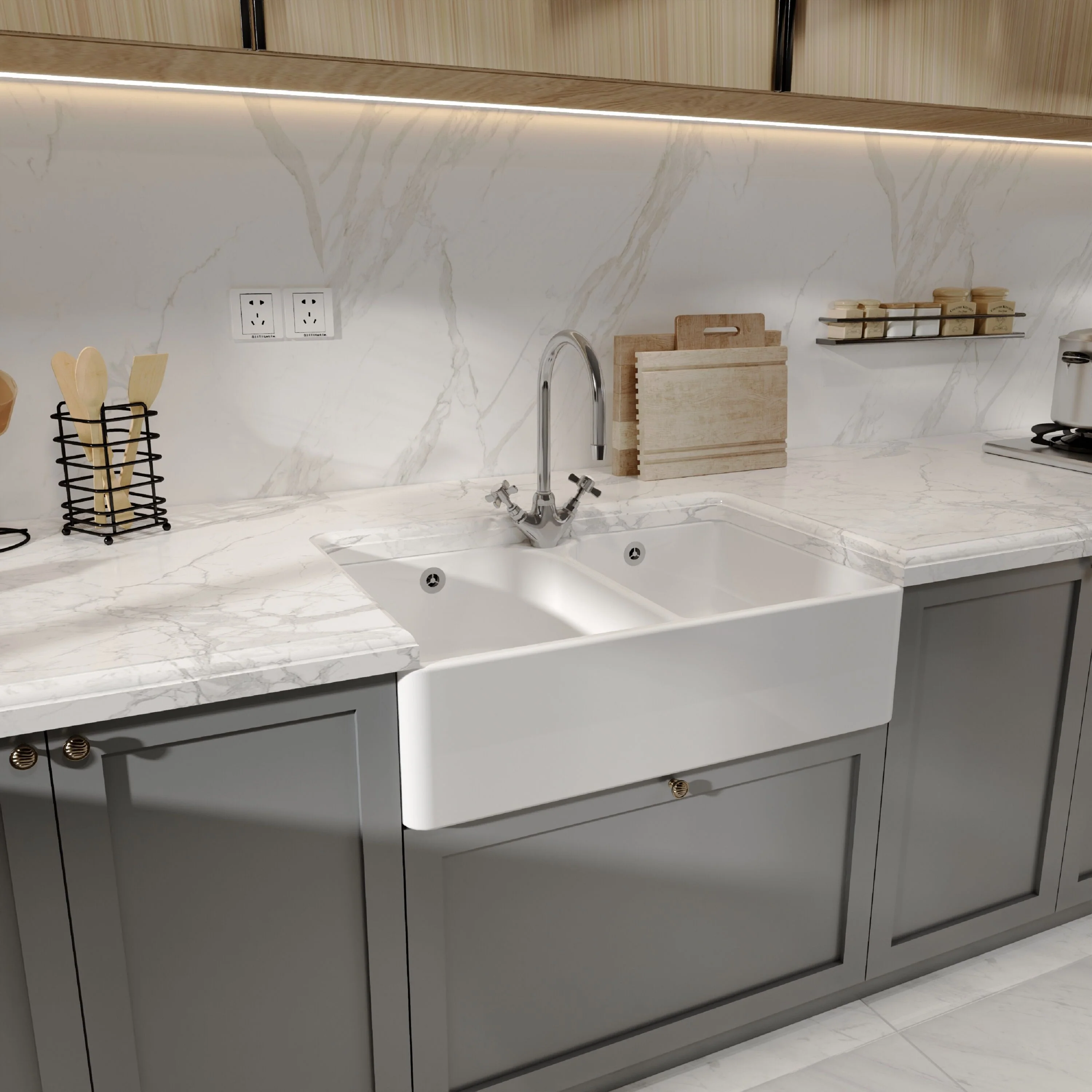 Double Bowl Fireclay Ceramic Butler Kitchen Sink with Full Weir, Tap Hole and Chrome Basket Strainer Wastes with Overflow - 795mm - Image 4