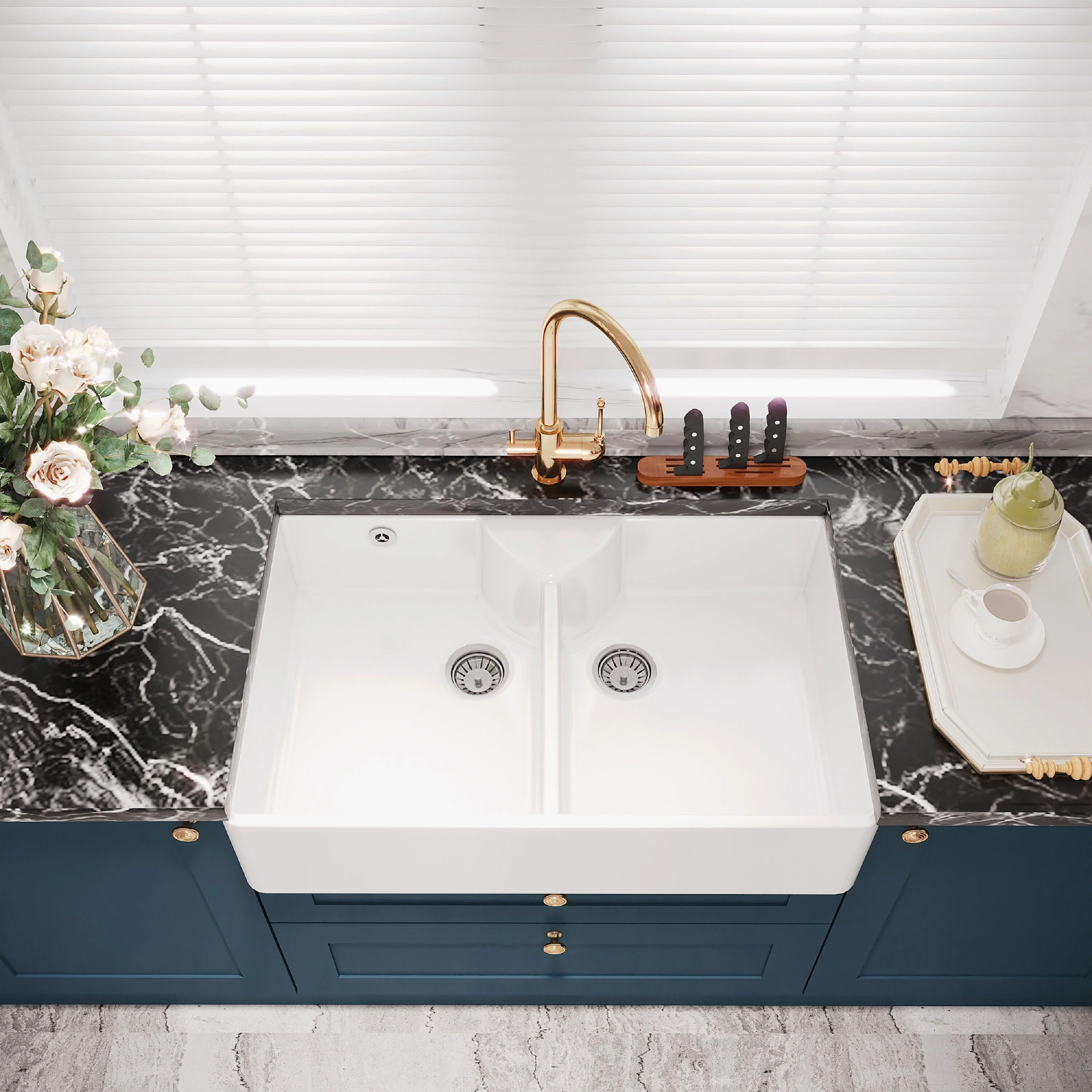 Traditional Double Bowl Fireclay Ceramic Butler Kitchen Sink with Stepped Weir, Tap Ledge & Overflow and Chrome Basket Strainer Wastes - 895mm - Image 3