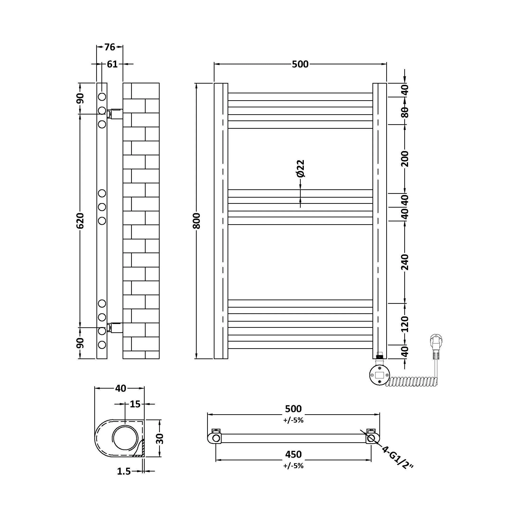 Croxall Electric Round Tube Heated Towel Rail with 10 Bars, 800 x 500mm - Choice of Colour - Image 5