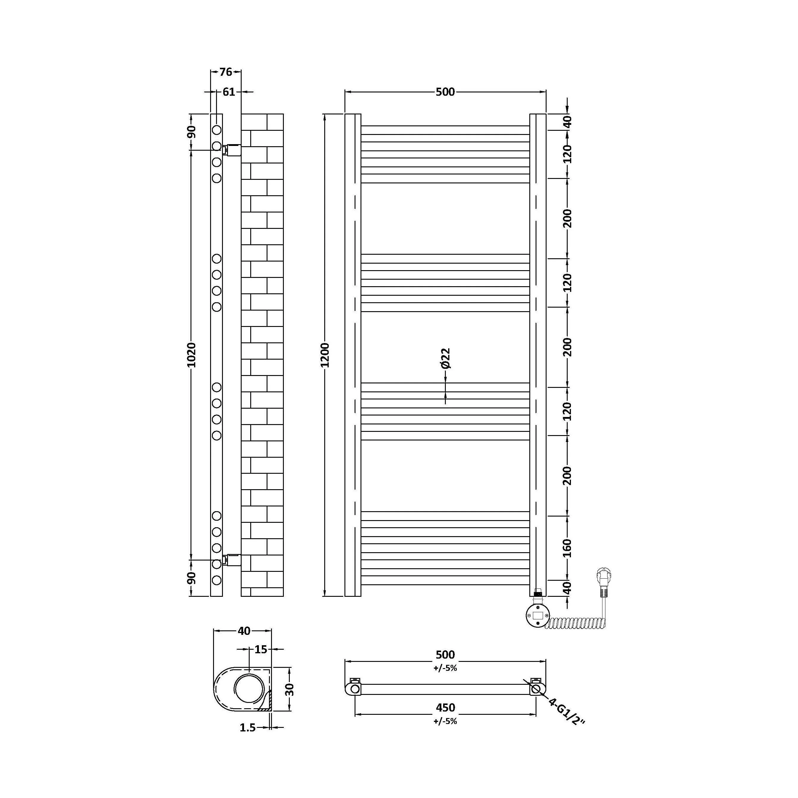 Croxall Electric Round Tube Heated Towel Rail with 17 Bars, 1200 x 500mm - Choice of Colour - Image 17