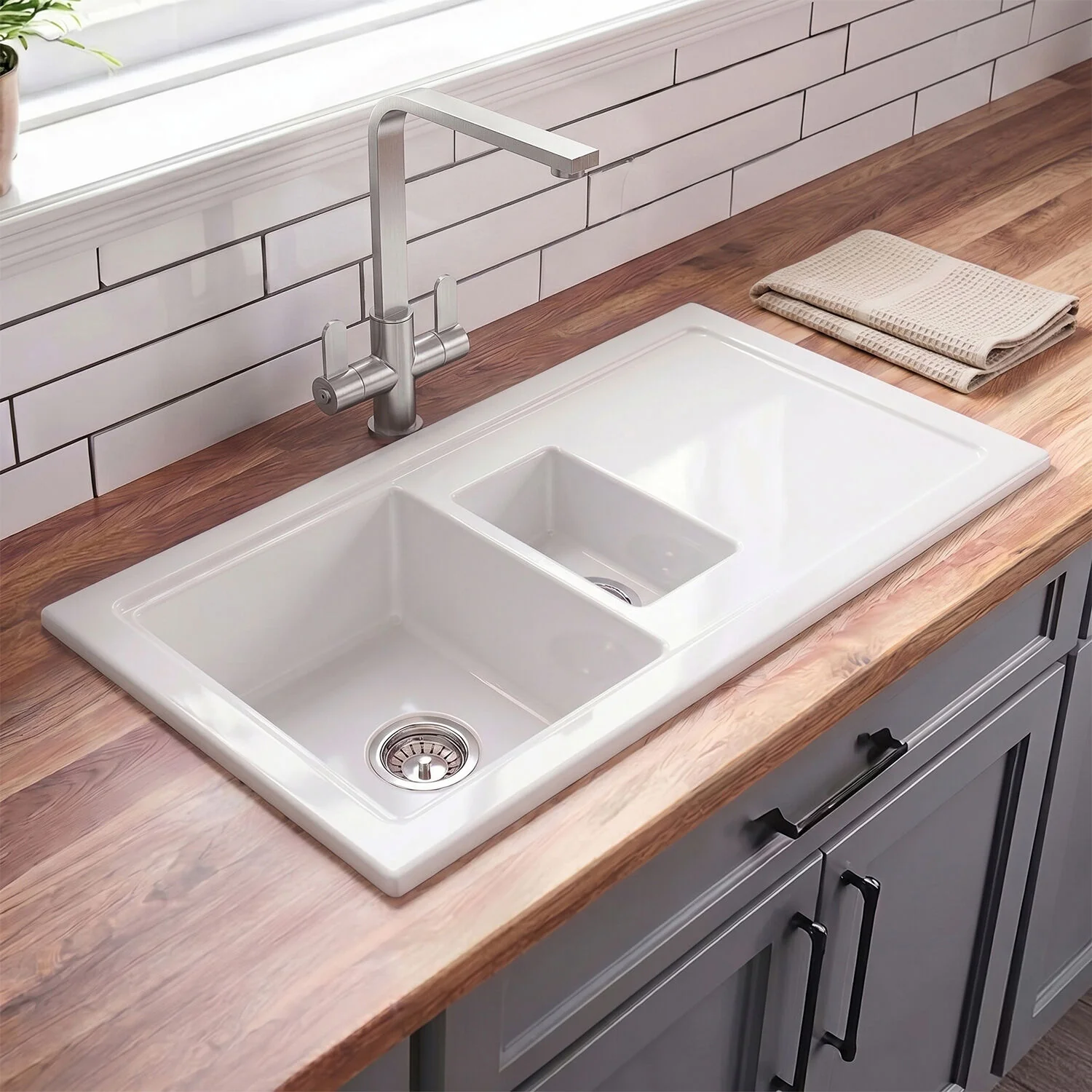 101cm Inset Counter Top Fireclay Ceramic Kitchen Sink - Multiple Options Available - Image 3