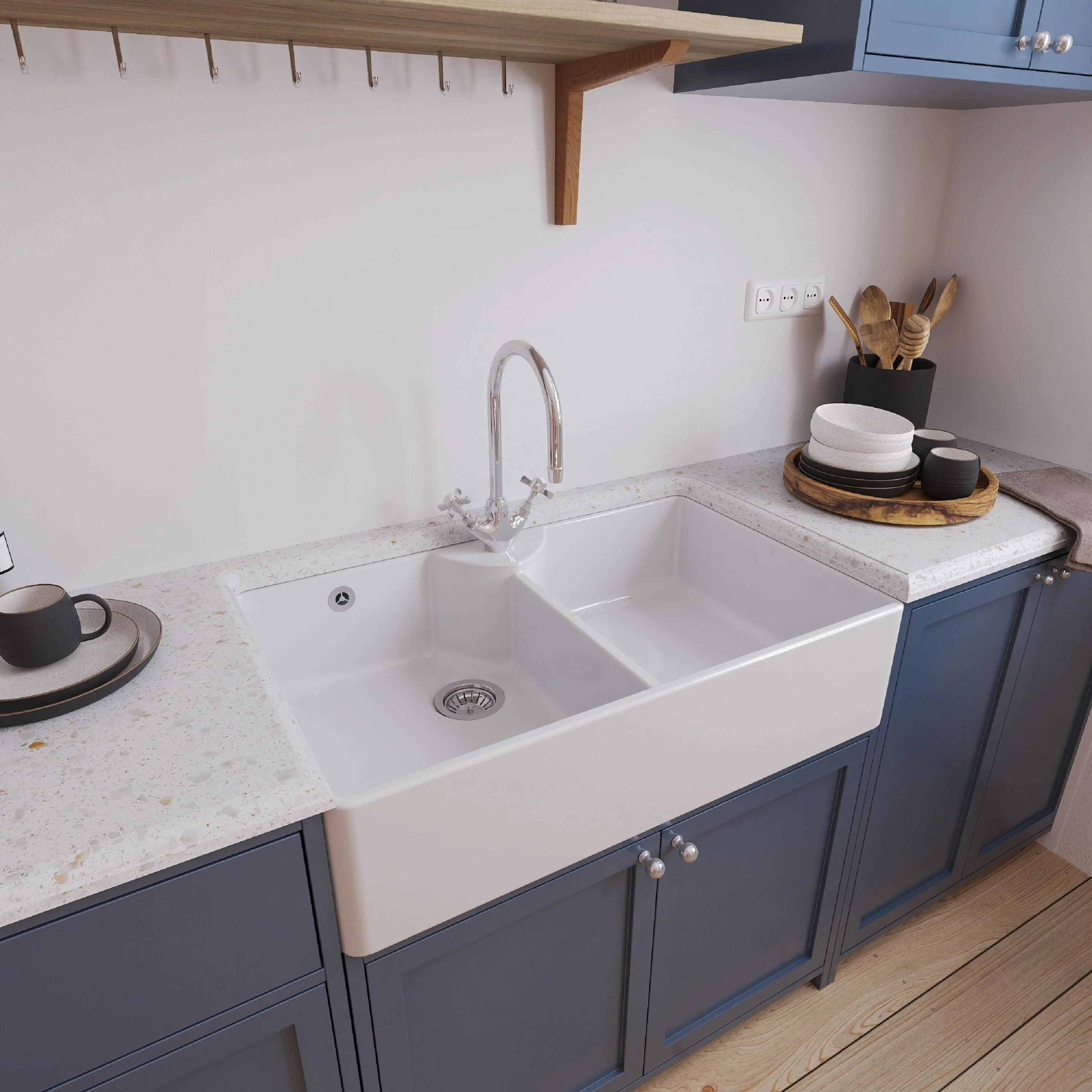 Traditional Double Bowl Fireclay Ceramic Butler Kitchen Sink Bundle with Overflow, Mixer Tap & Wastes - 895mm - Image 4