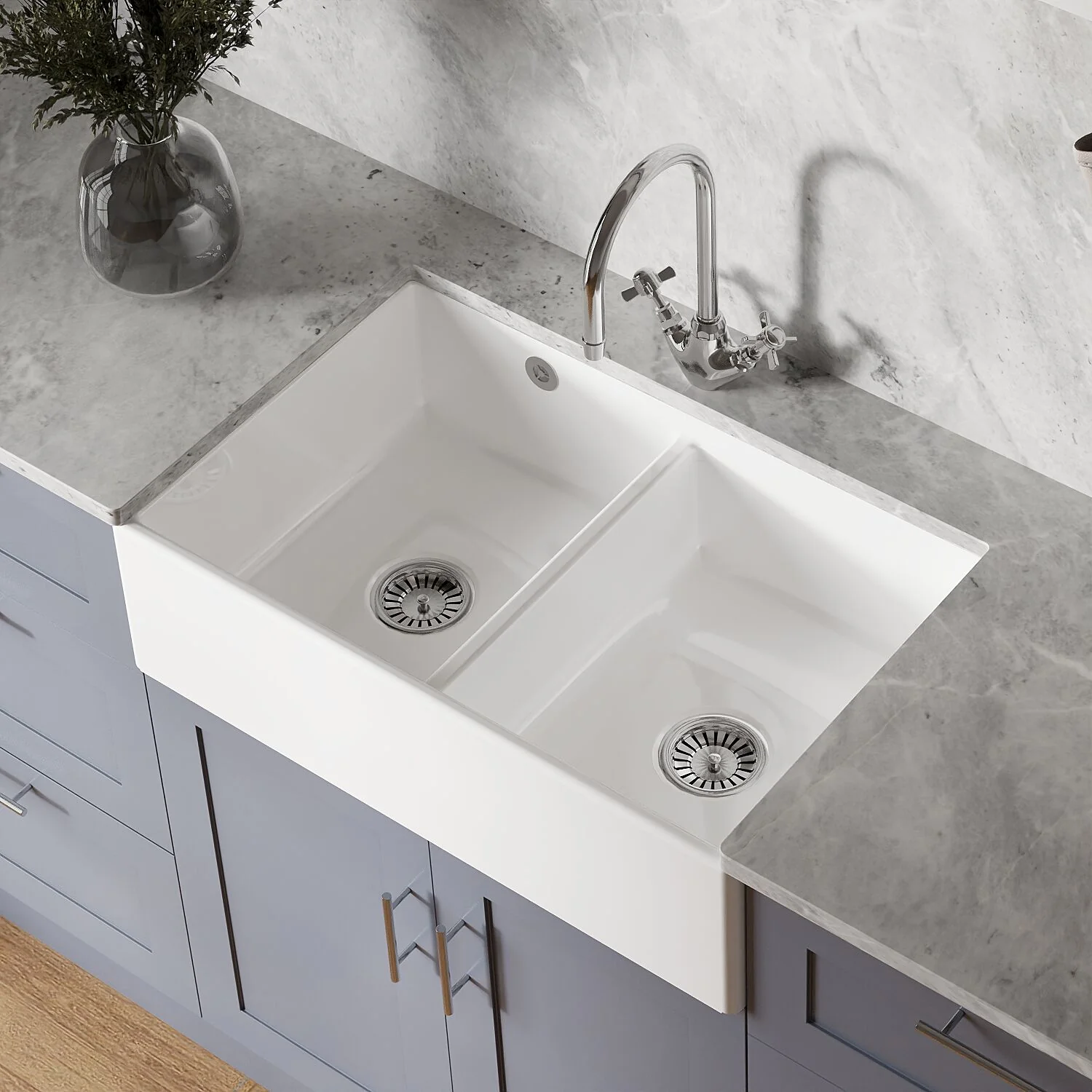 Double Bowl Fireclay Butler Kitchen Sink with Stepped Weir and Overflow - 795mm - Image 3