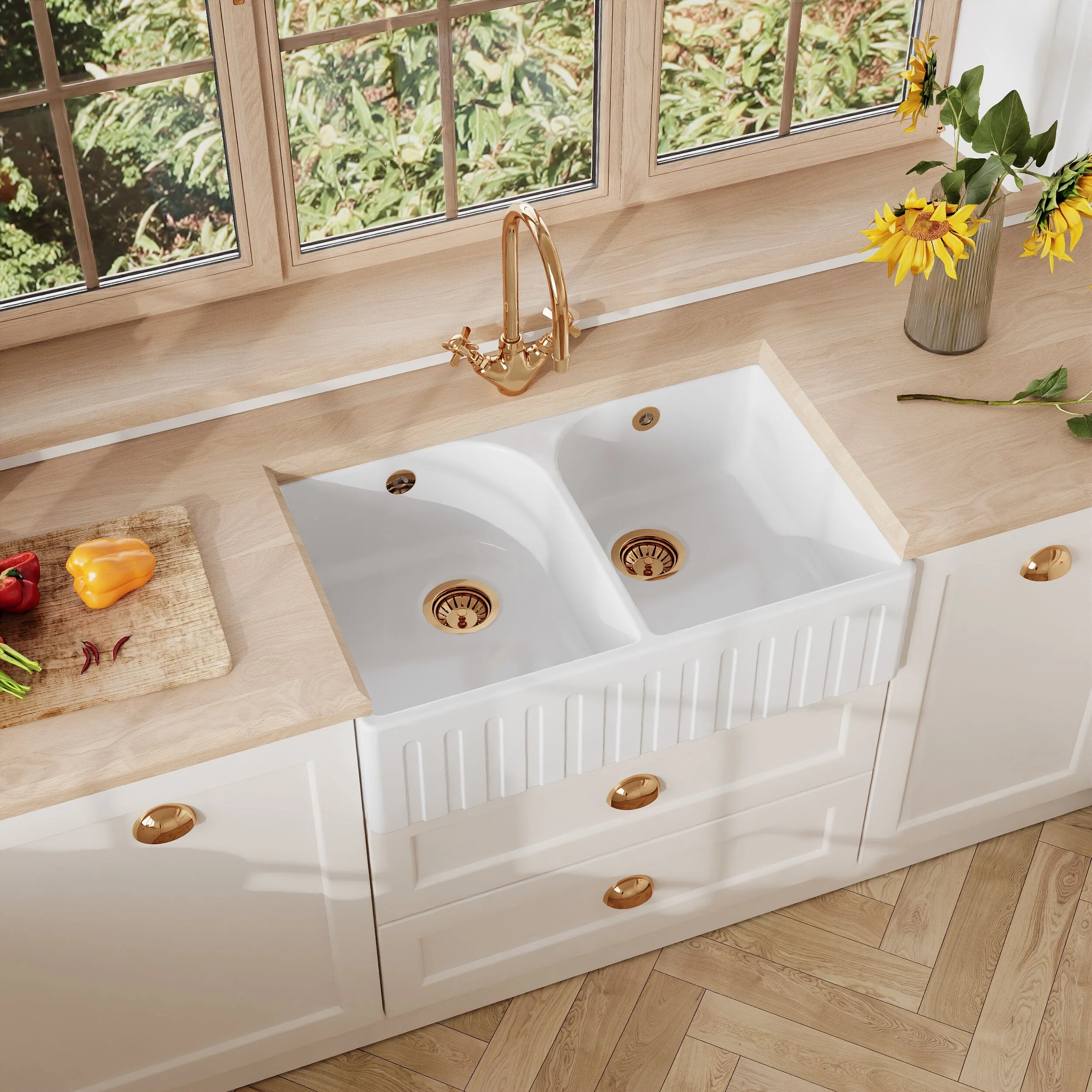 Fireclay Ceramic Kitchen Double Bowl Fluted Front Butler Sink with Full Weir - 795mm - Image 3