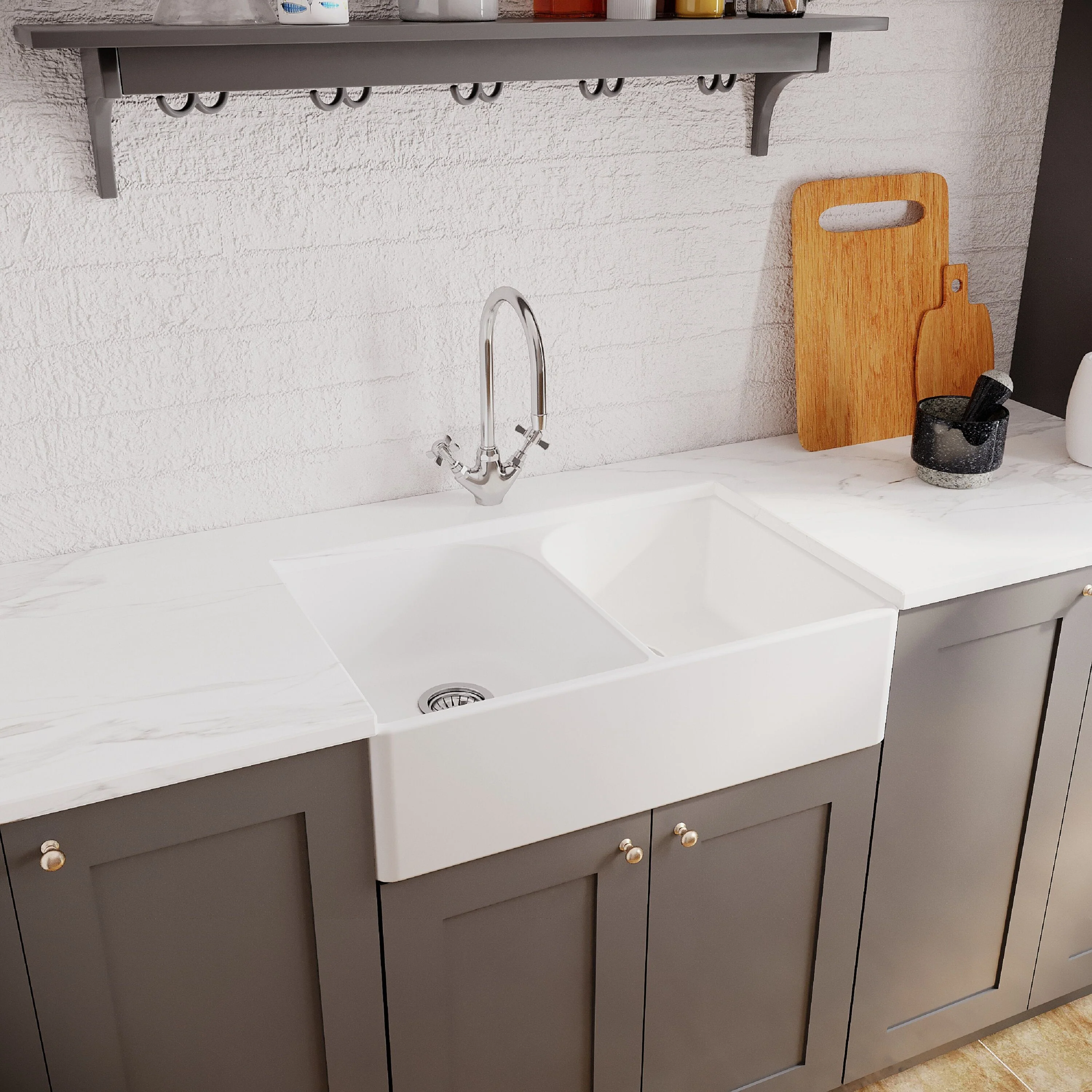 Traditional Double Bowl Fireclay Ceramic Full Weir Butler Kitchen Sink Bundle with Mono Mixer Tap & Waste - Image 4