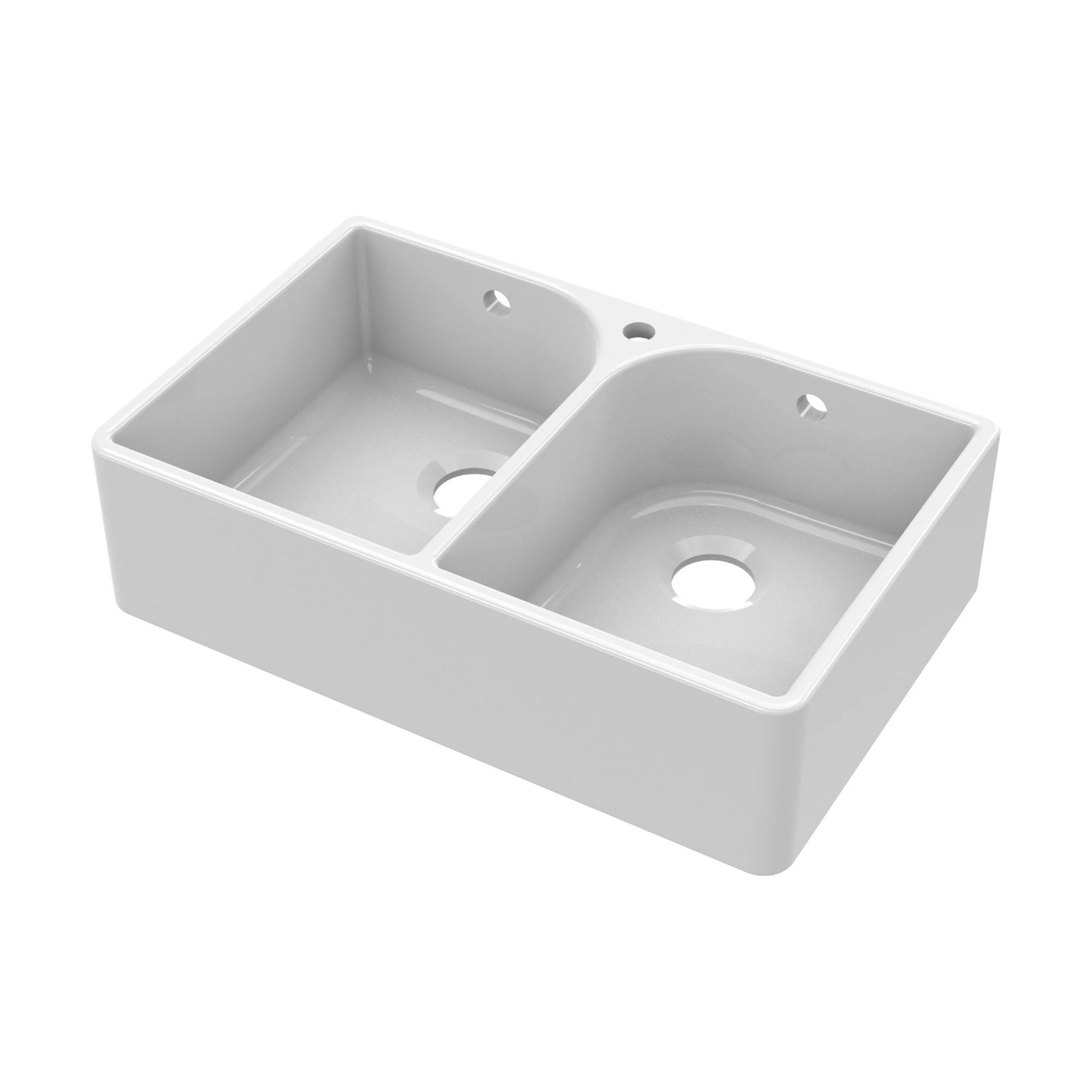 Double Bowl Fireclay Ceramic Butler Kitchen Sink with Full Weir, Overflows and Tap Hole - 795mm - Image 5