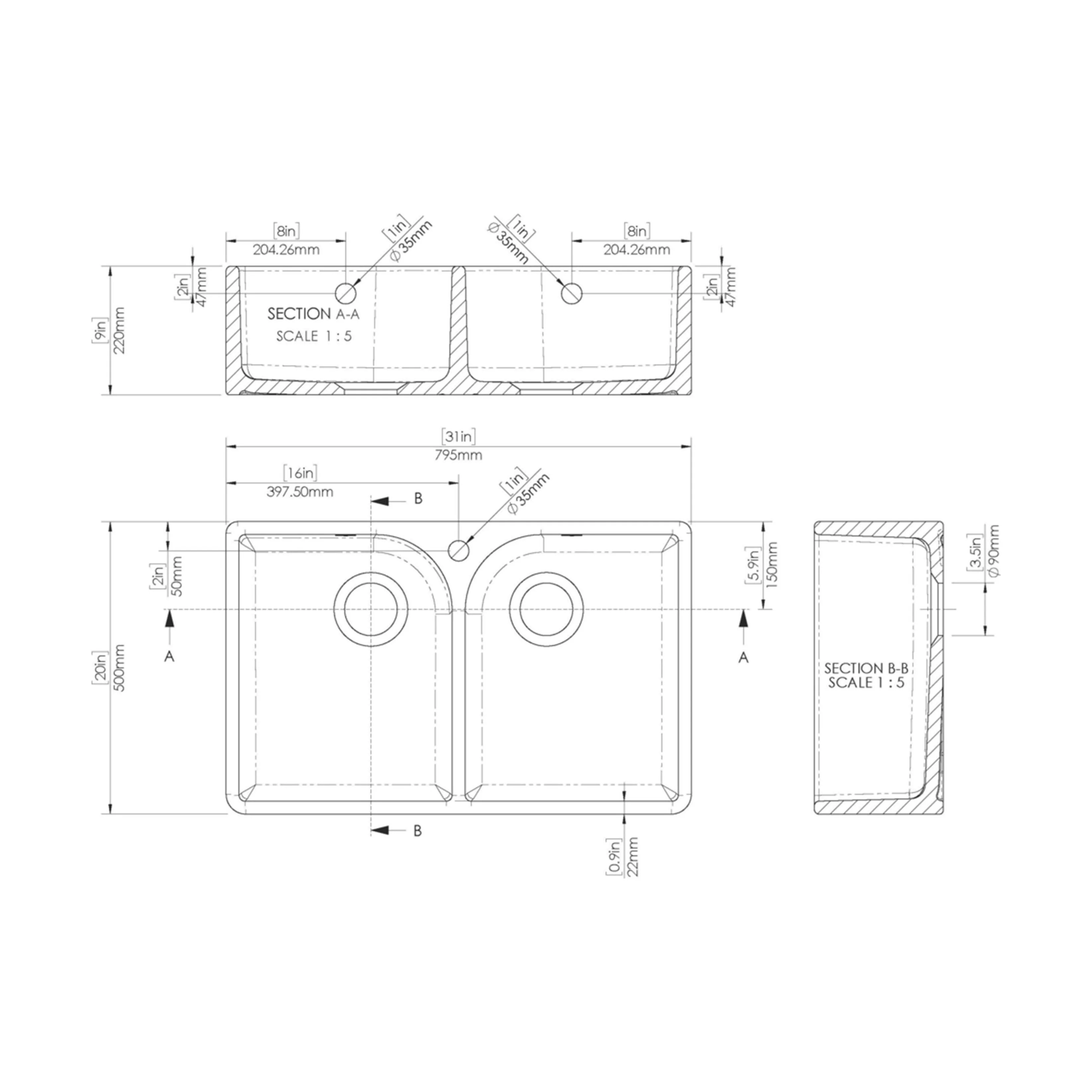 Double Bowl Fireclay Ceramic Butler Kitchen Sink with Full Weir, Overflows and Tap Hole - 795mm - Image 6