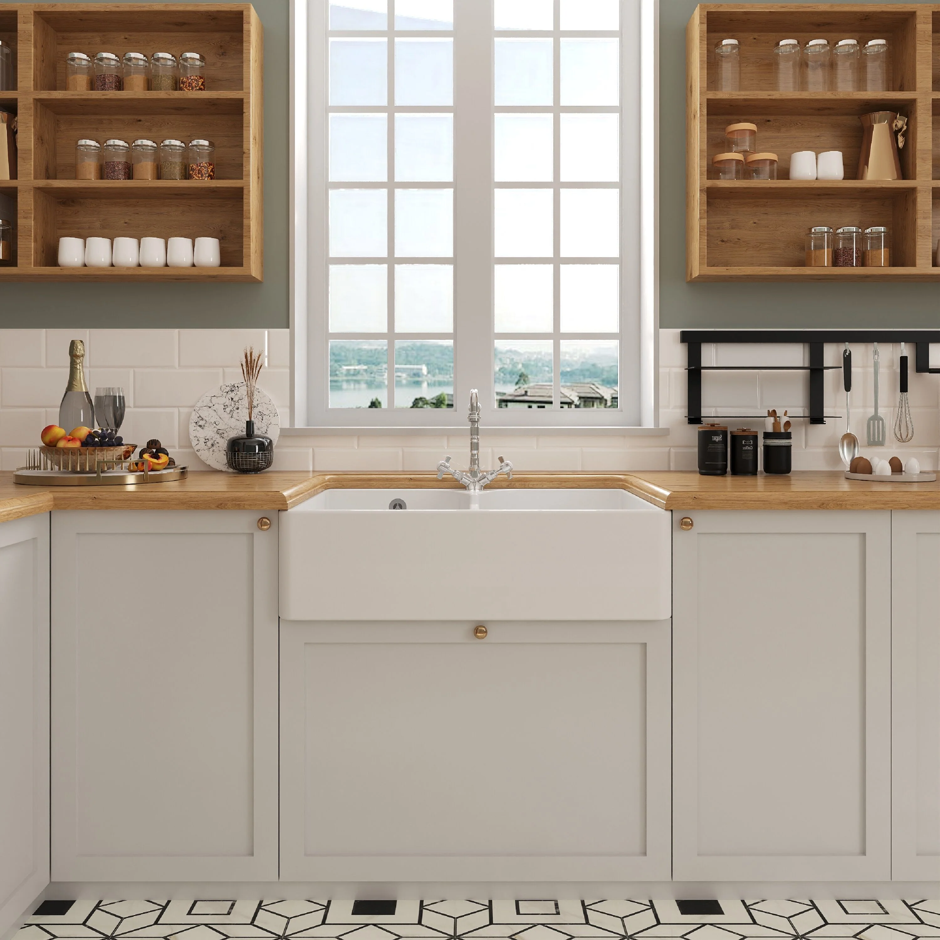 Traditional Double Bowl Fireclay Ceramic Butler Kitchen Sink Bundle with Stepped Weir, Classic Tap & Wastes - Image 2