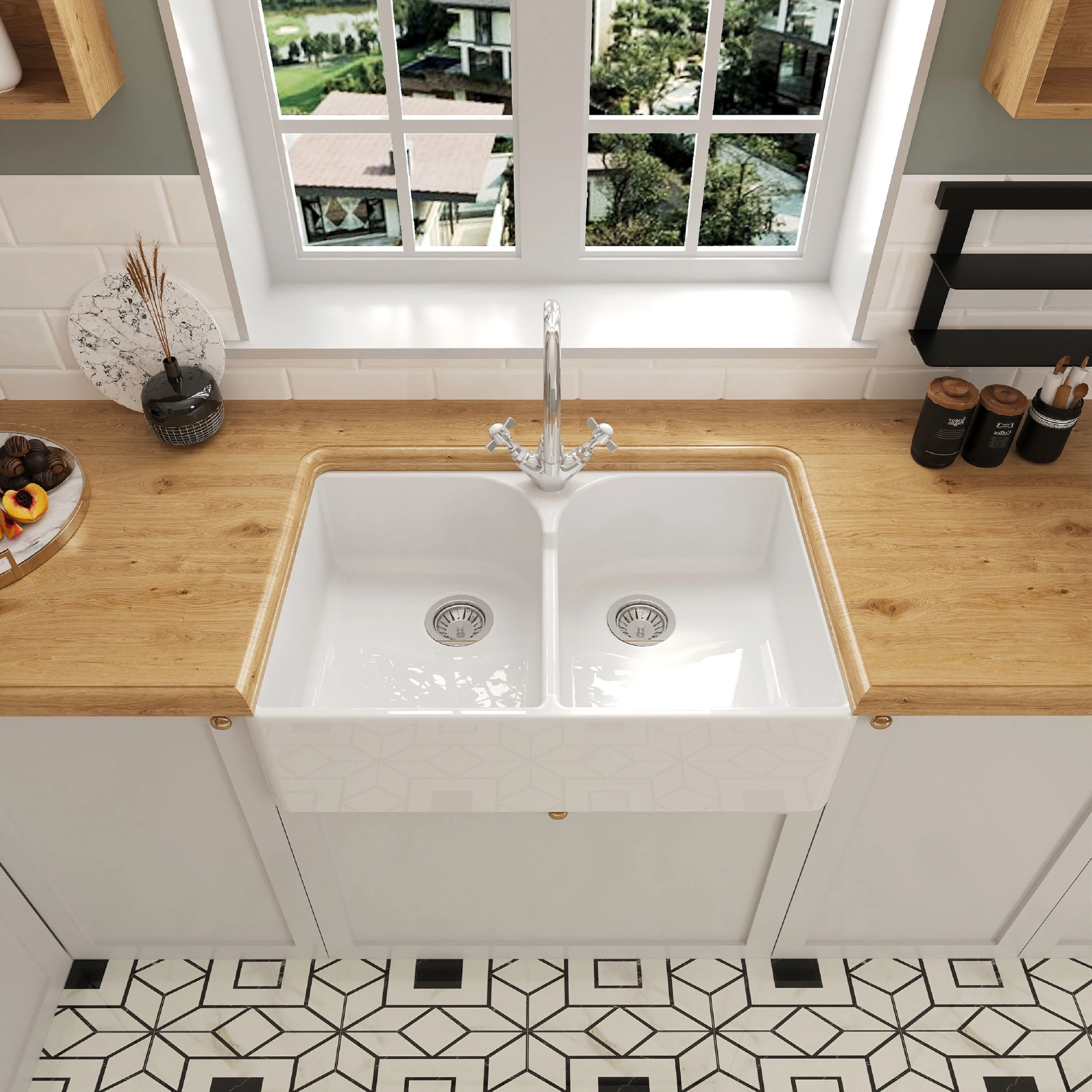 Traditional Double Bowl Fireclay Ceramic Stepped Weir Butler Kitchen Sink Bundle with Mono Mixer Tap & Waste - 795mm - Image 3