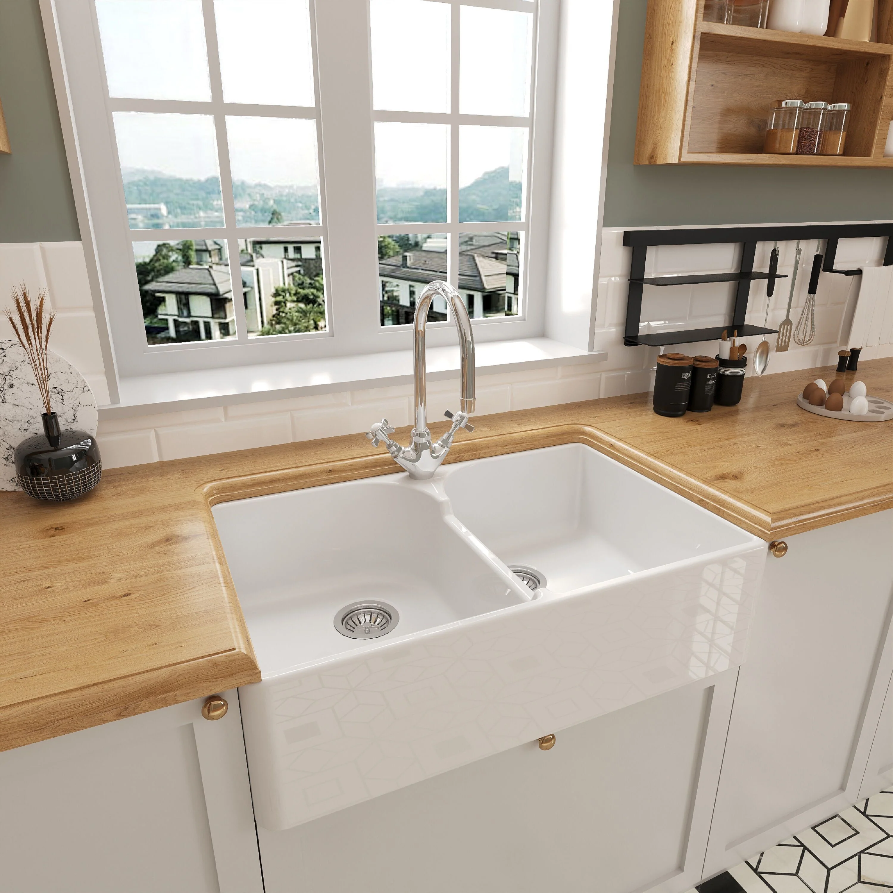 Traditional Double Bowl Fireclay Ceramic Stepped Weir Butler Kitchen Sink Bundle with Mono Mixer Tap & Waste - 795mm - Image 4