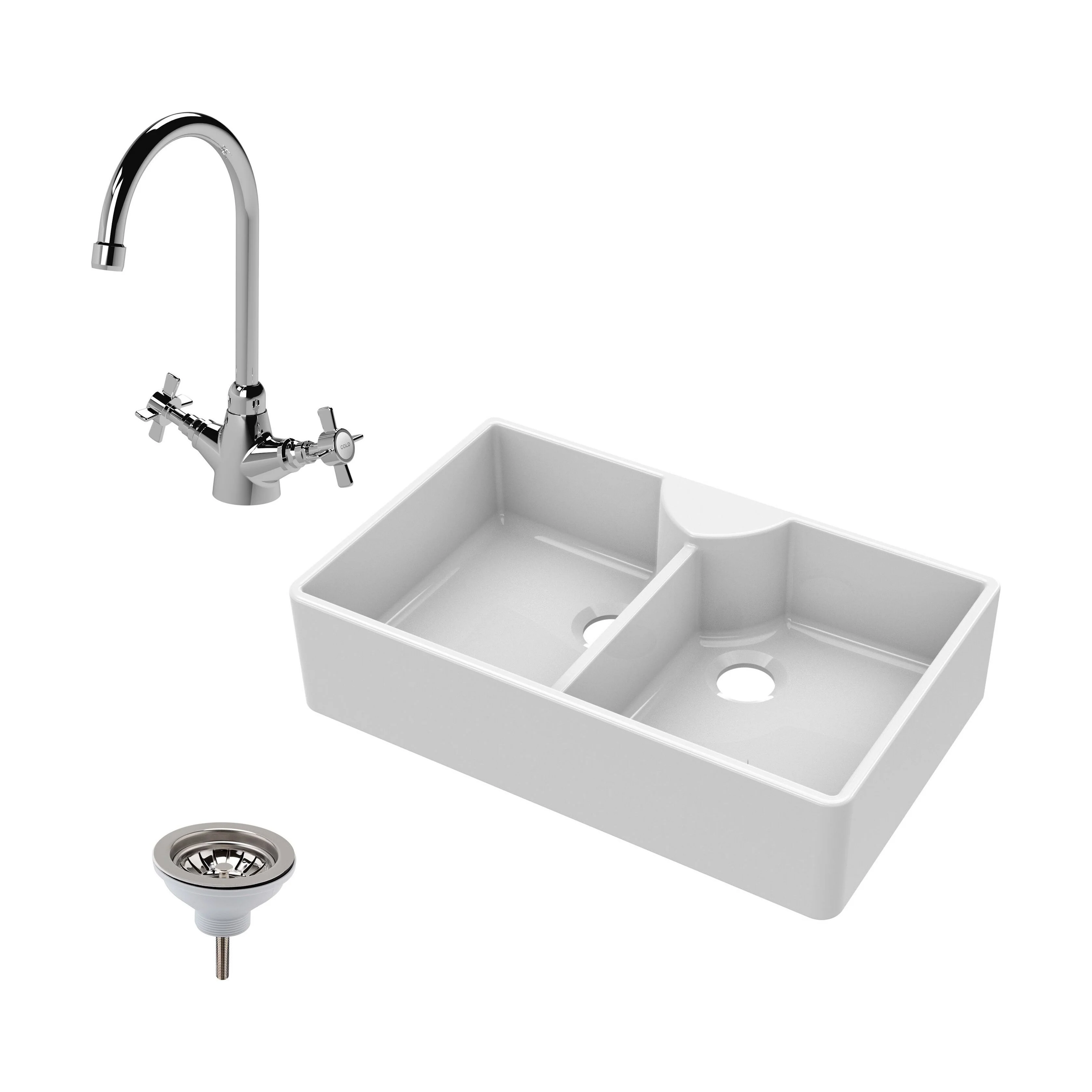 Traditional Double Bowl Fireclay Ceramic Butler Kitchen Sink Bundle with Stepped Weir, Mixer Tap & Wastes - 895mm