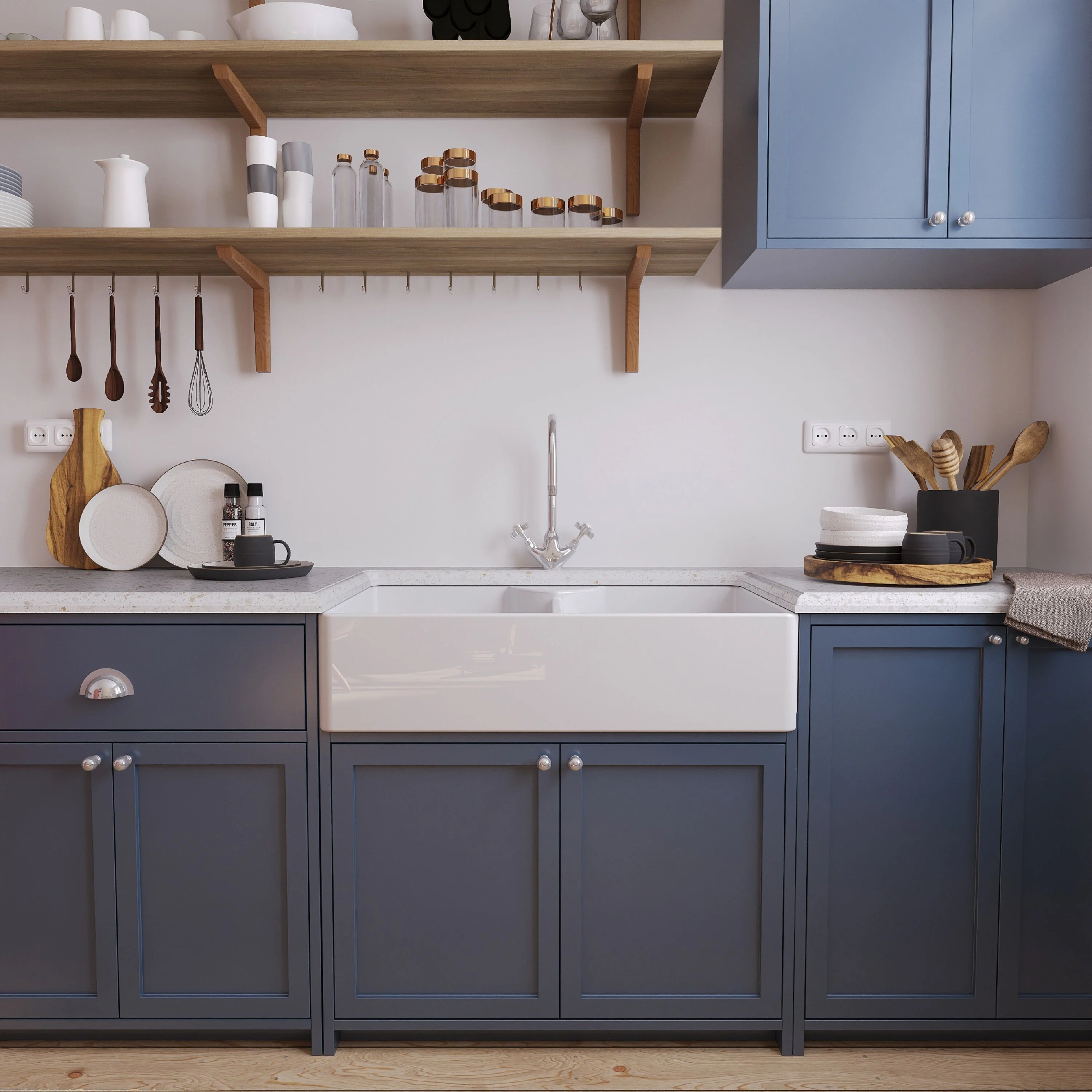 Traditional Double Bowl Fireclay Ceramic Butler Kitchen Sink Bundle with Stepped Weir, Mixer Tap & Wastes - 895mm - Image 2