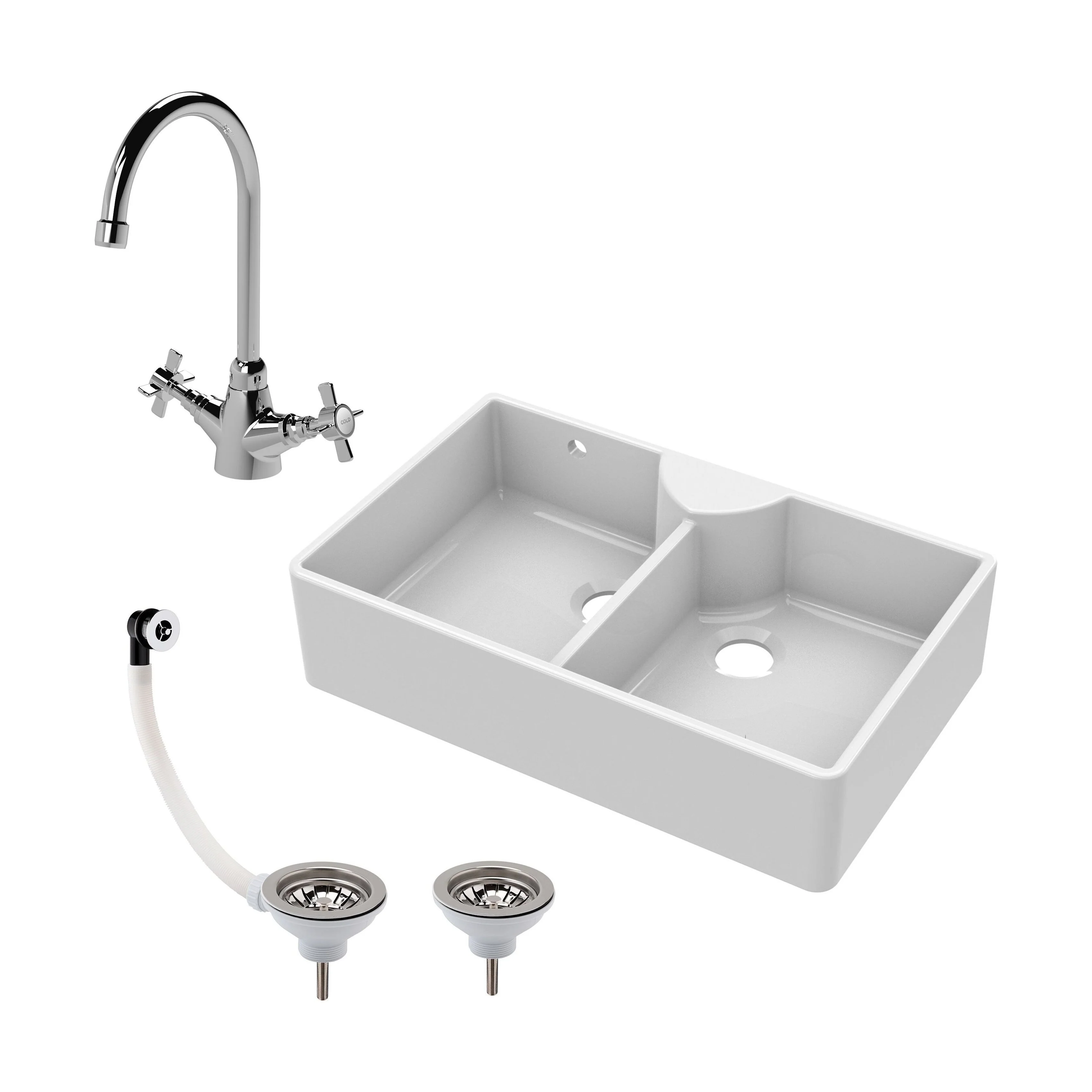 Double Bowl Fireclay Ceramic Butler Kitchen Sink Bundle with Stepped Weir, Mixer Tap & Wastes