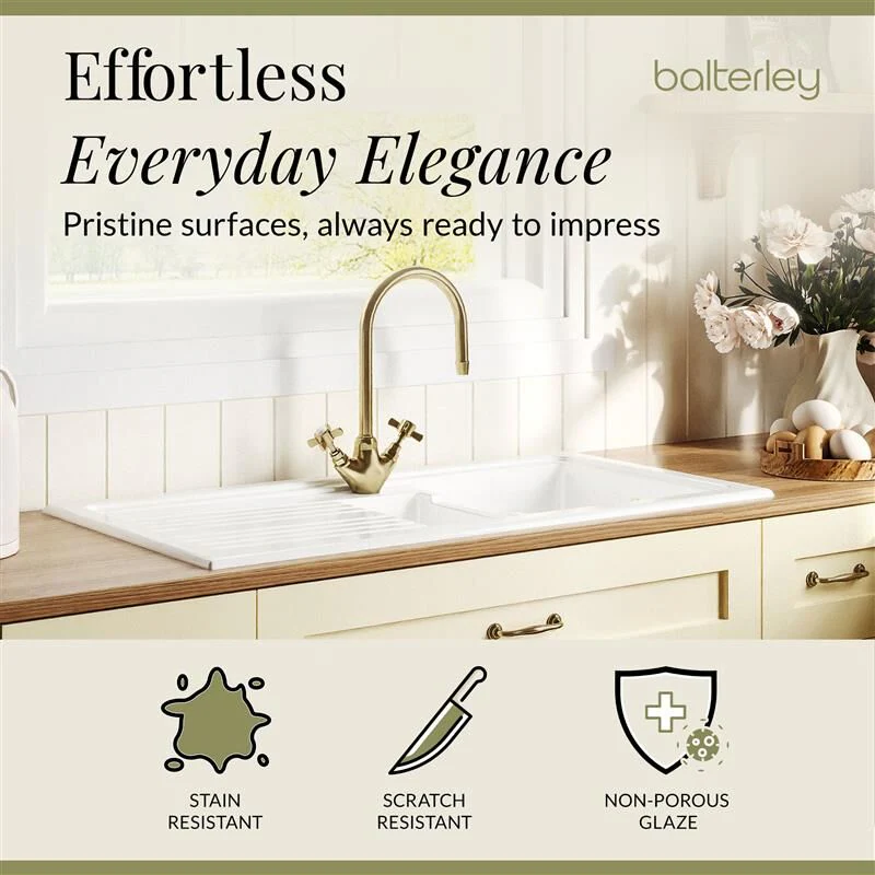 Traditional Fireclay Kitchen Bundle: 1.5 Bowl Sink & Drainer, Waste & Mono Crosshead Tap, 1010mm - Brushed Brass - Image 5