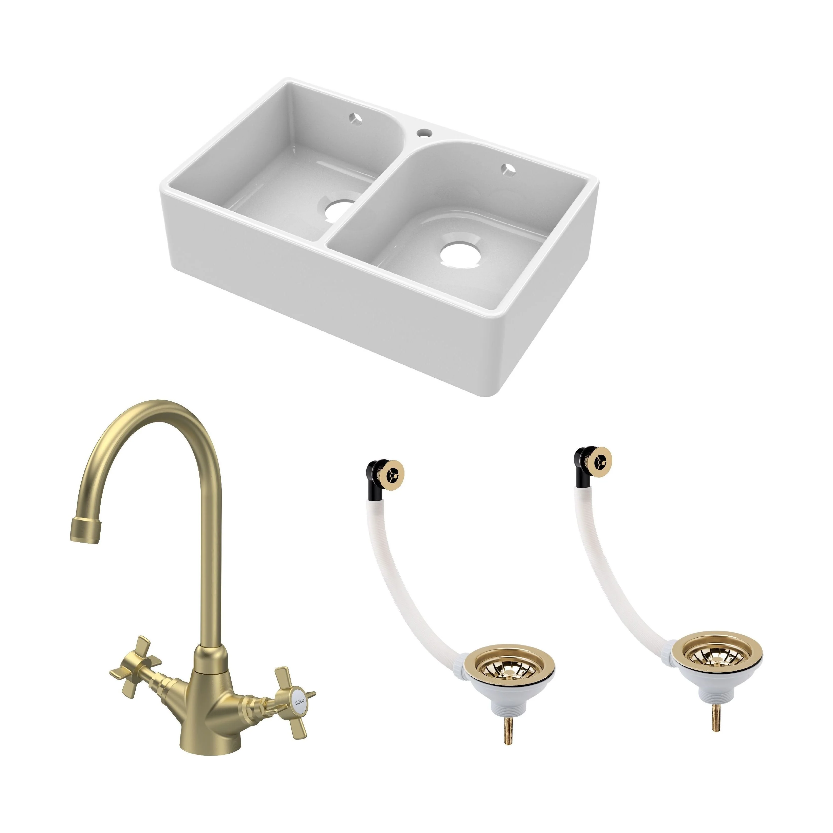 Traditional Fireclay Kitchen Bundle: Double Bowl Full Weir 1 Tap Hole Butler Sink, Wastes & Mono Tap, 795mm - Brushed Brass