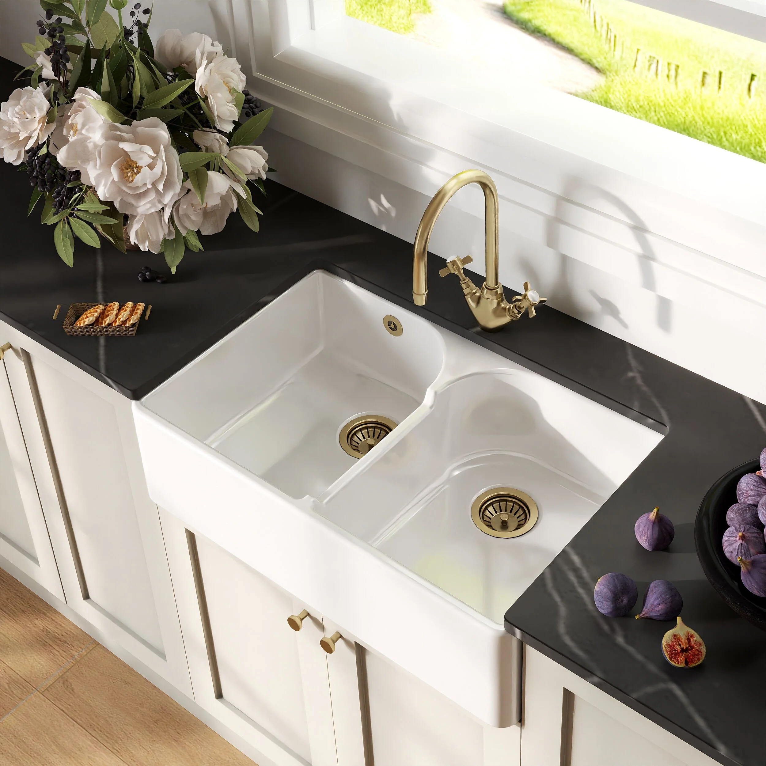Traditional Fireclay Kitchen Bundle: Double Bowl Stepped Weir Butler Sink, Wastes & Crosshead Tap, 795mm - Brushed Brass - Image 3