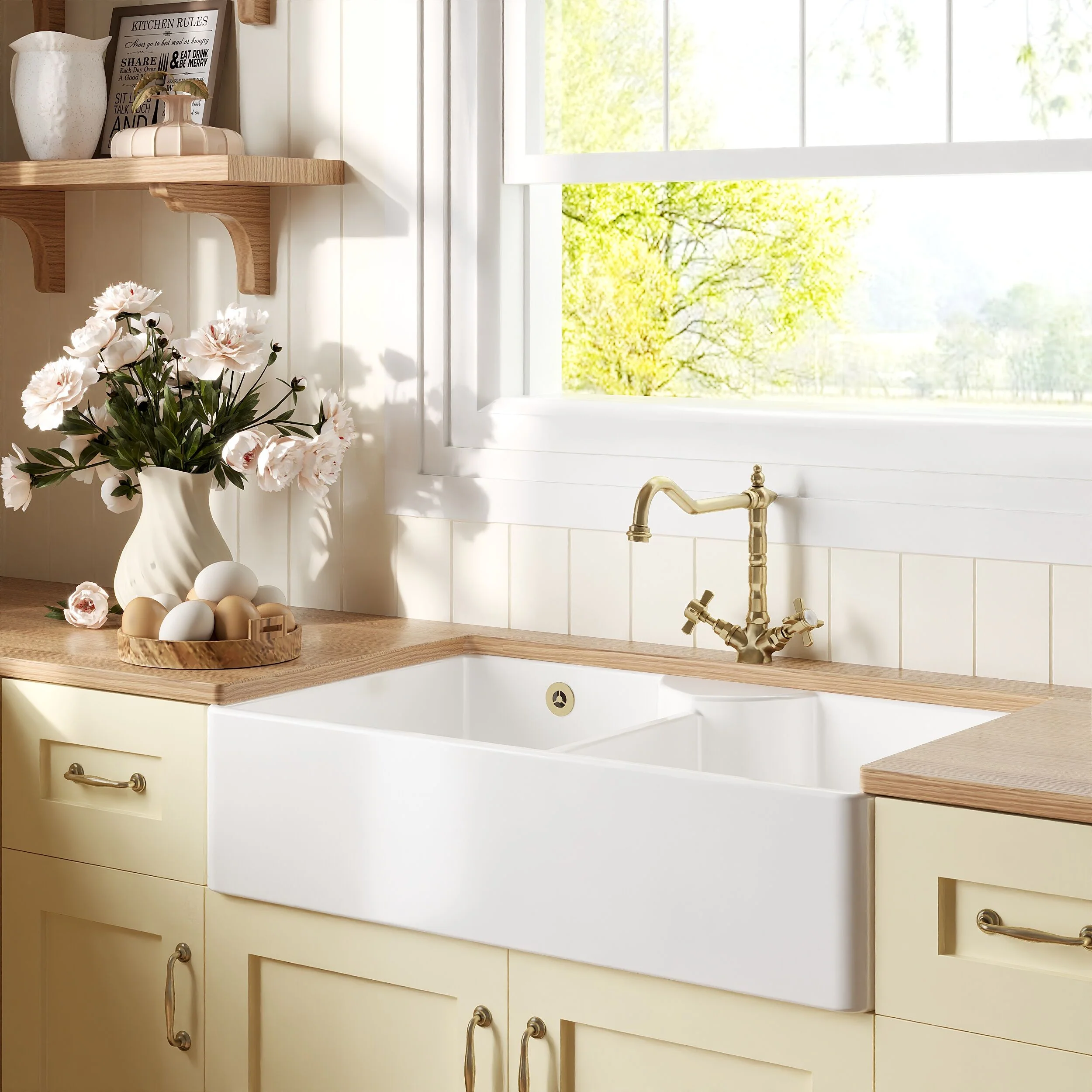 Traditional Fireclay Kitchen Bundle: Double Bowl Stepped Weir Butler Sink, Wastes & French Classic Tap, 895mm - Brushed Brass - Image 4