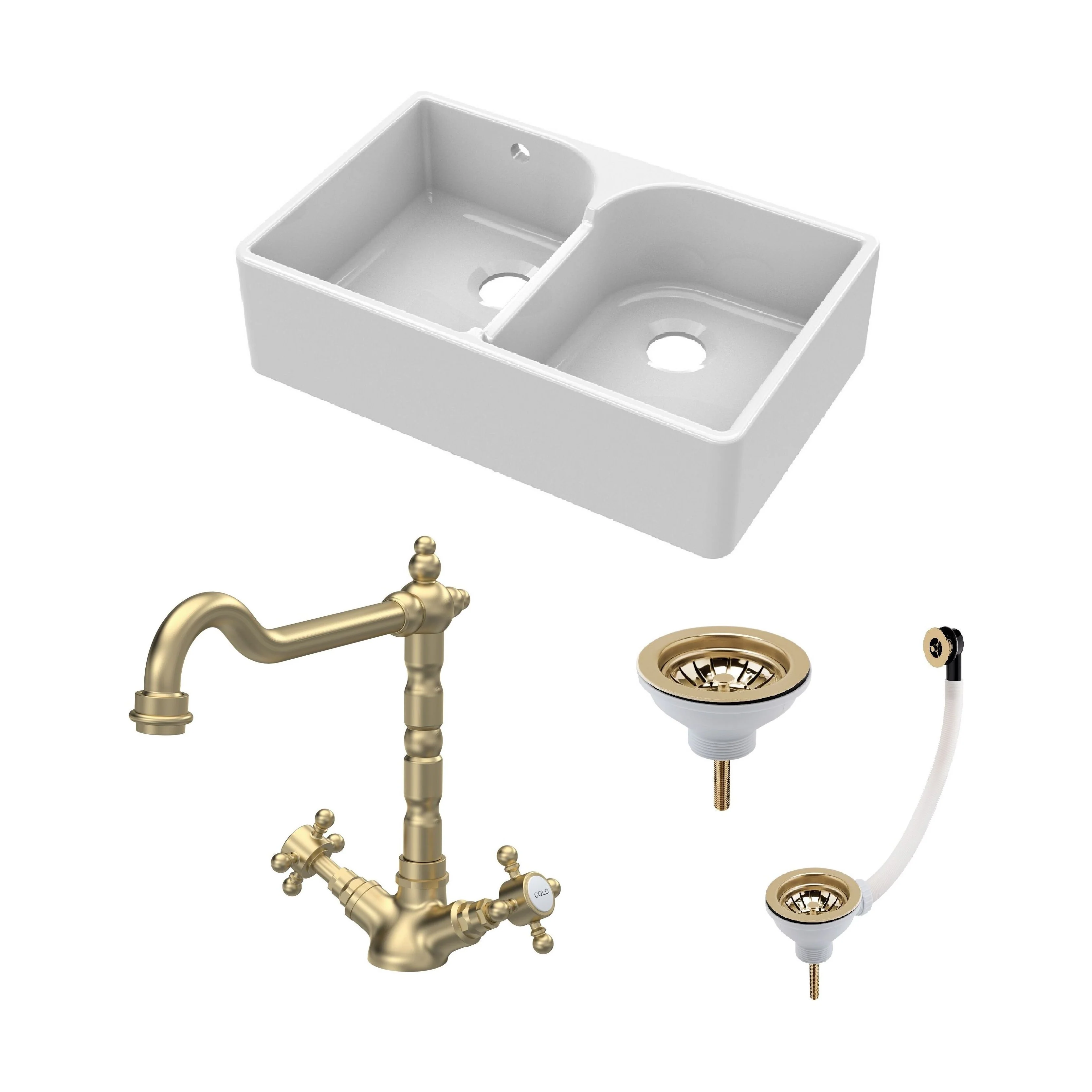 Traditional Fireclay Kitchen Bundle: Double Bowl Stepped Weir Butler Sink, Wastes & French Tap, 795mm - Brushed Brass