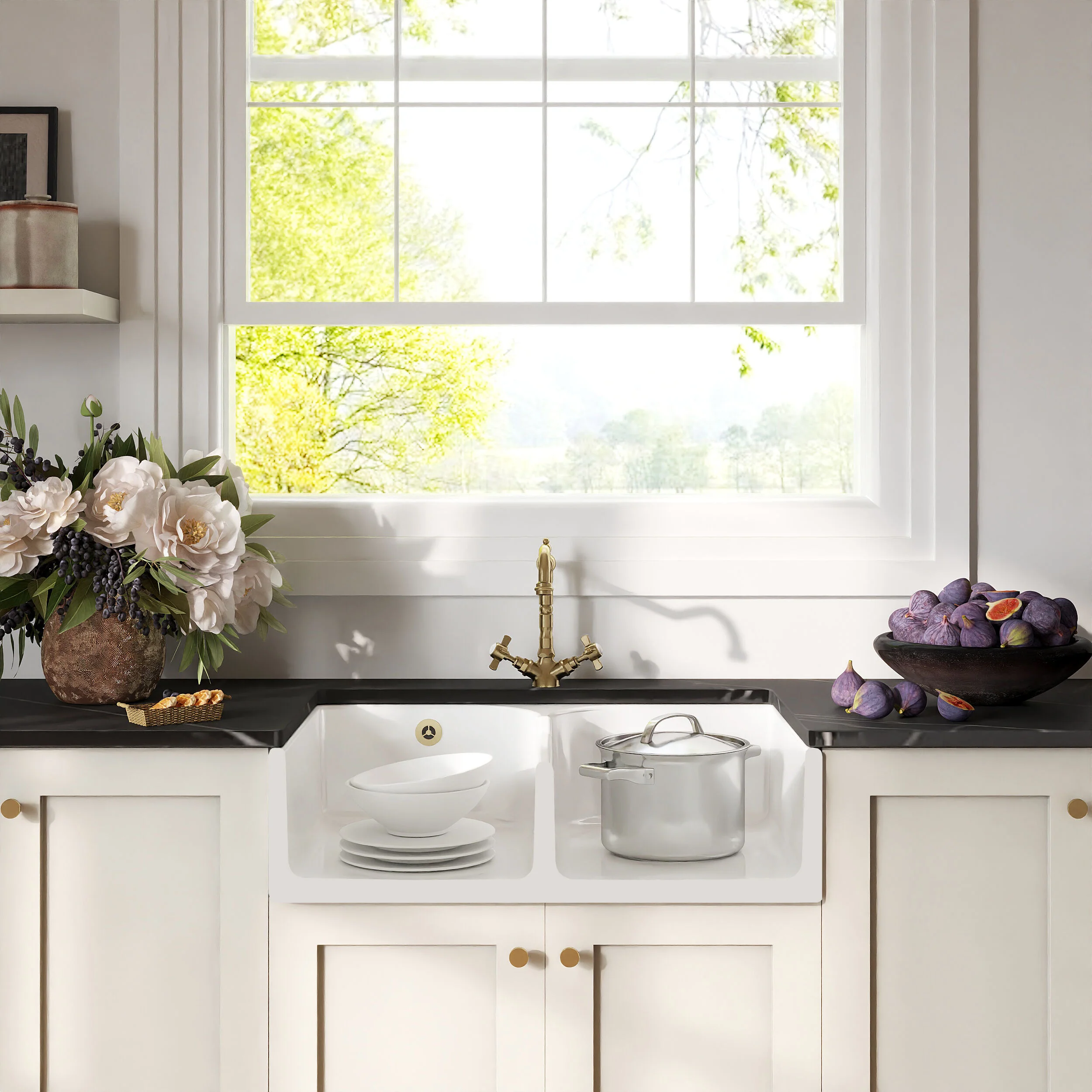 Traditional Fireclay Kitchen Bundle: Double Bowl Stepped Weir Butler Sink, Wastes & French Tap, 795mm - Brushed Brass - Image 2