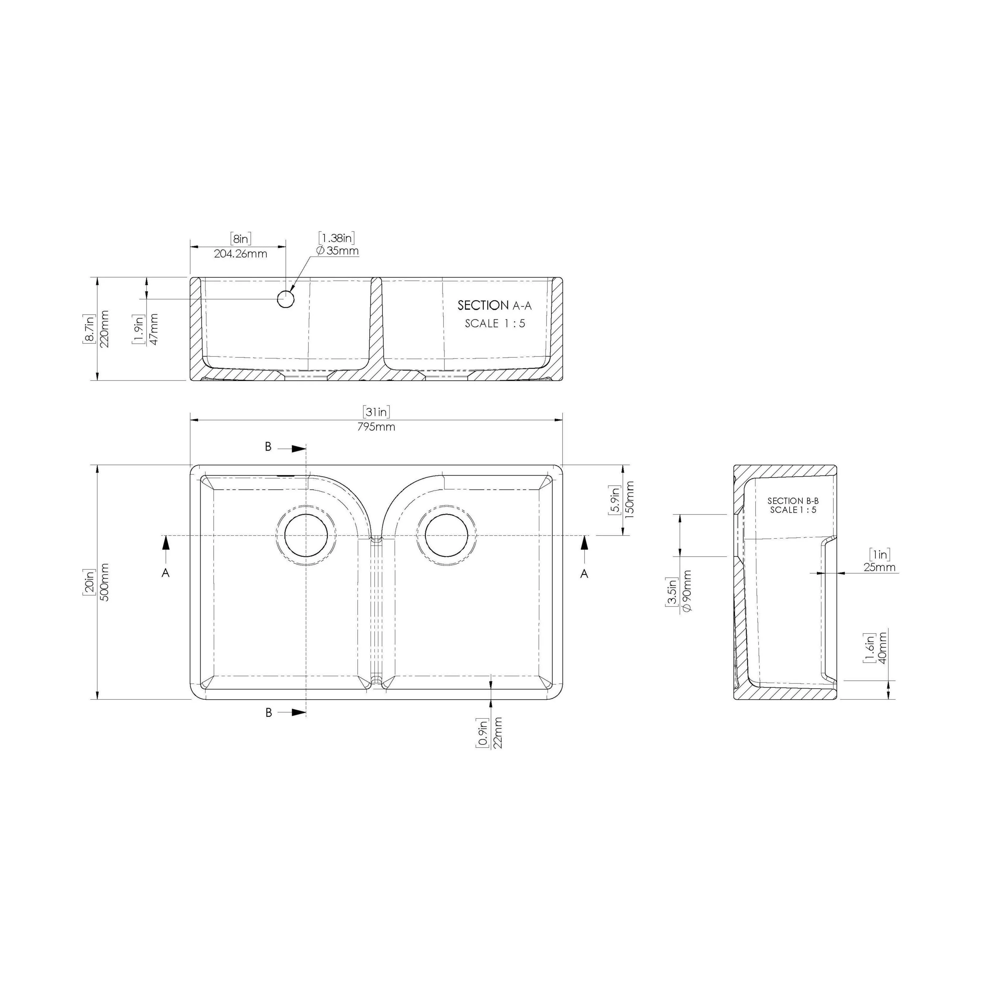 Traditional Fireclay Kitchen Bundle: Double Bowl Stepped Weir Butler Sink, Wastes & French Tap, 795mm - Brushed Brass - Image 5