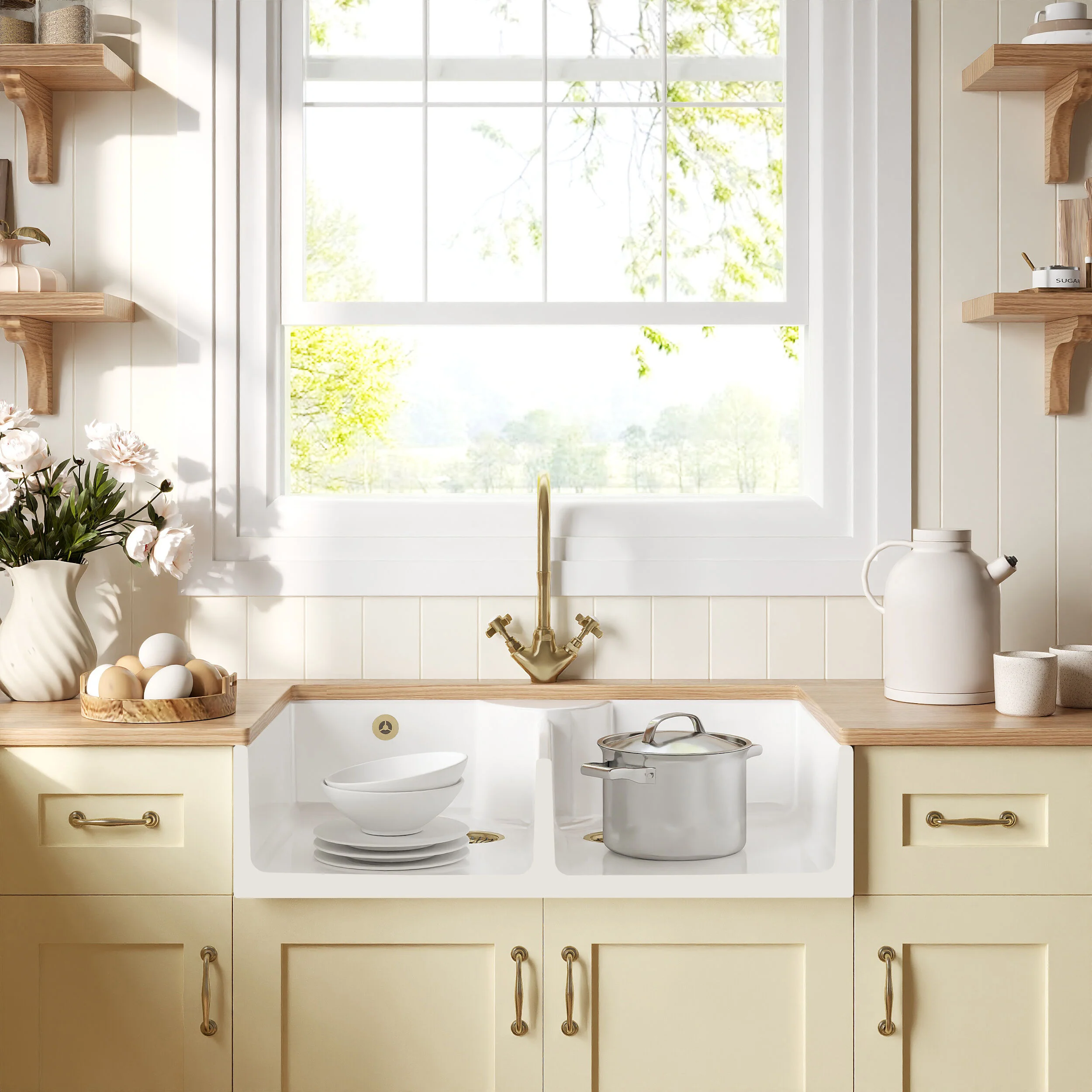 Traditional Fireclay Kitchen Bundle: Double Bowl Stepped Weir Butler Sink, Wastes & Mono Crosshead Tap, 895mm - Brushed Brass - Image 2