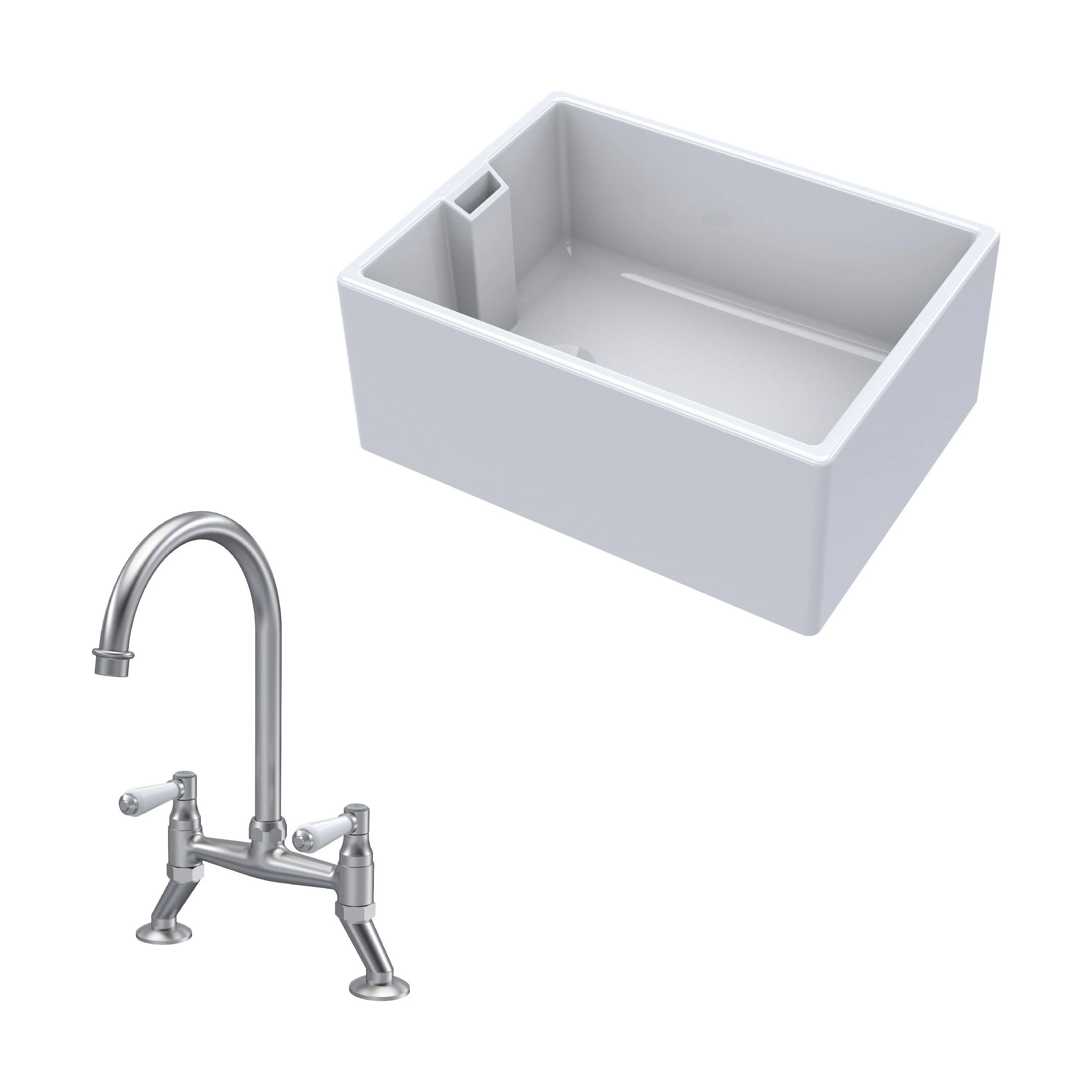 Traditional Fireclay Kitchen Bundle: Single Bowl Belfast Sink & Bridge Lever Mixer Tap, 615mm - Brushed Nickel